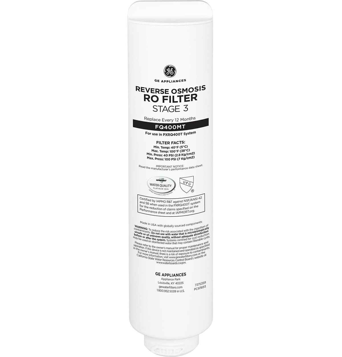 Reverse Osmosis Under Sink Membrane Filter Fits PXRQ400T System Reduces Lead