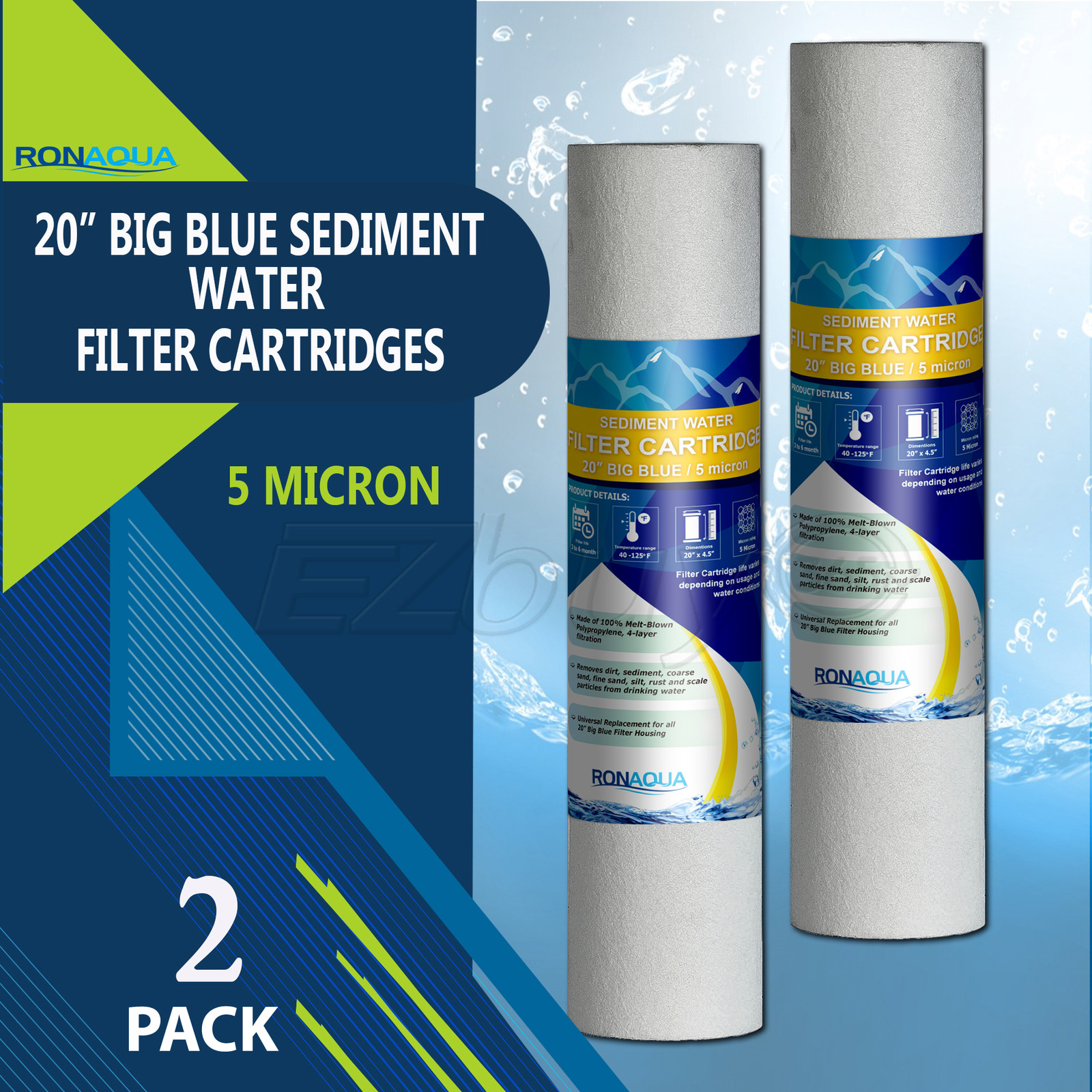 Big Blue Sediment Replacement Water Filters 5 Micron 4.5″ x 20″ Set of 2