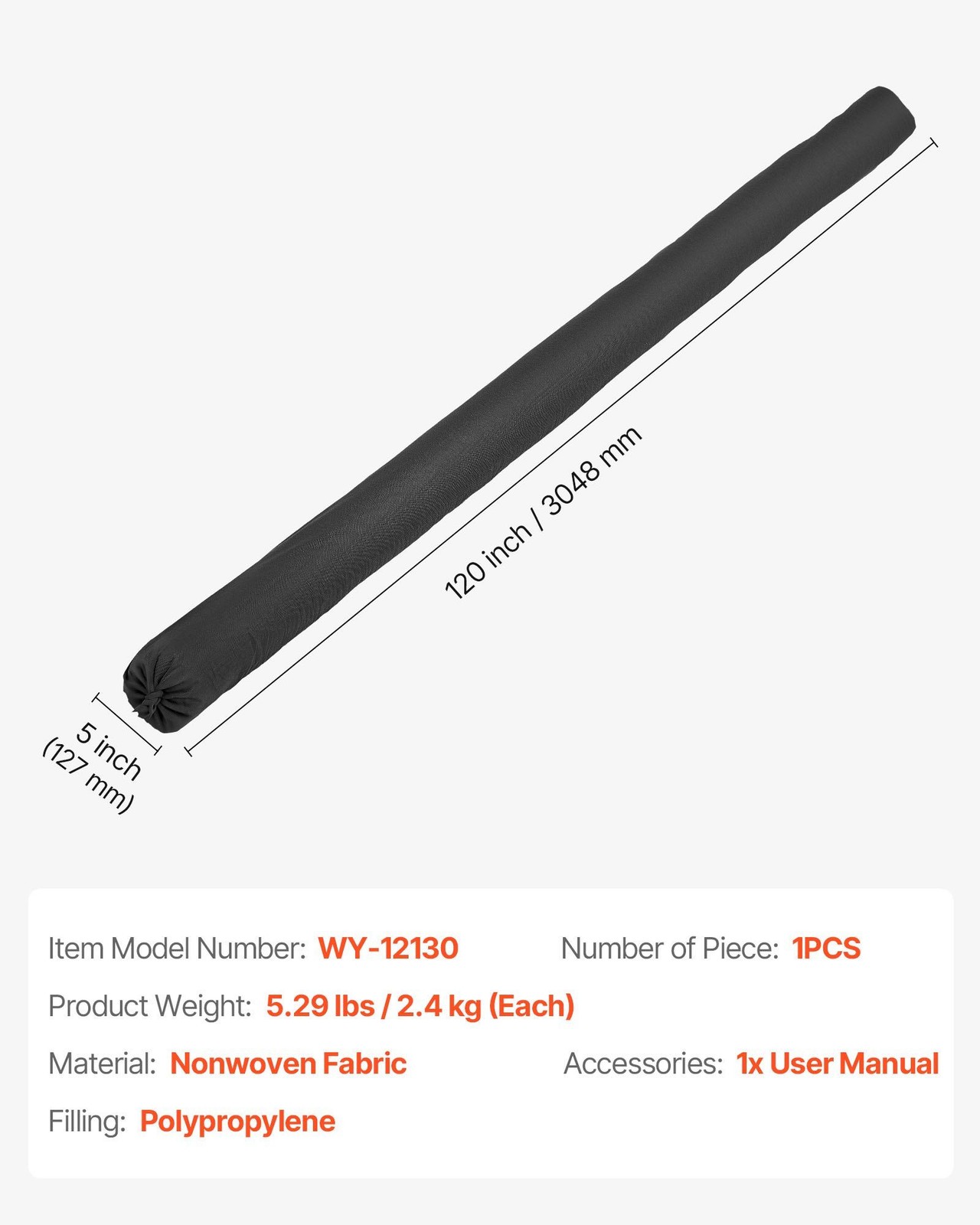 10ft x 5in High-Permeability Sediment Sock Polypropylene Drainage Protection