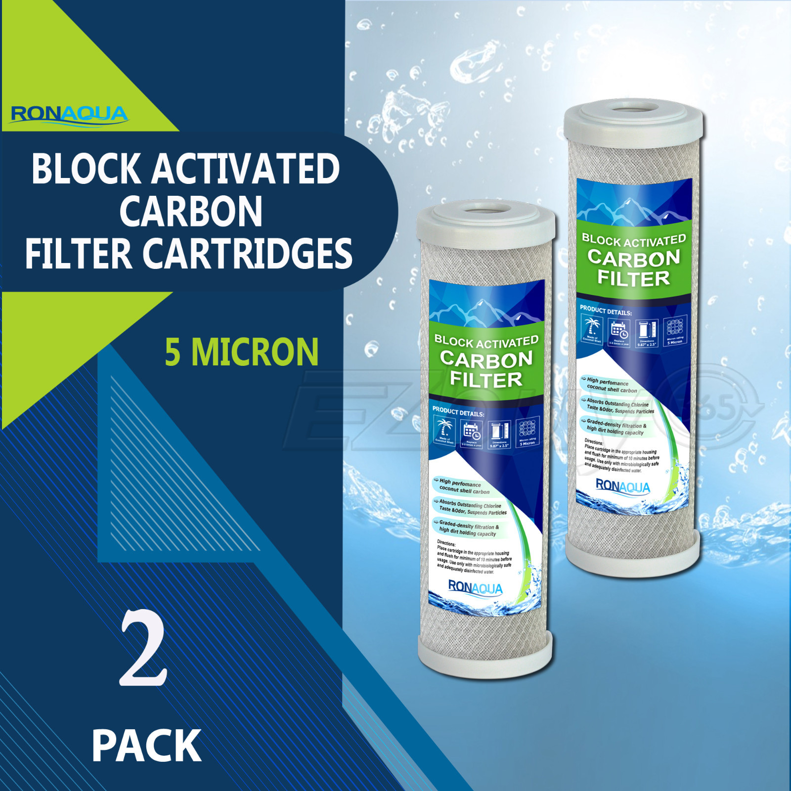 2PK- 9.875″ x 2.5″ Coconut Shell Carbon Block Water Filter for Whole house & RO