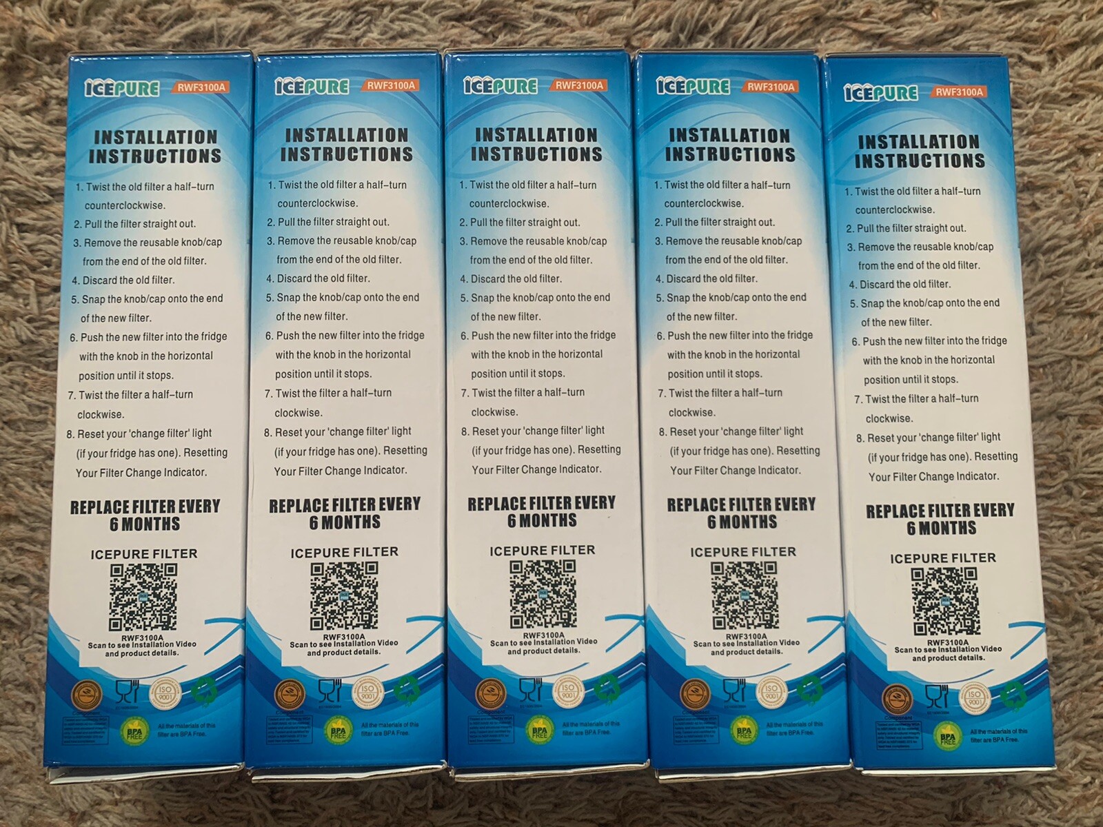 LOT of (5) ICEPURE REFRIGERATOR WATER FILTERS! RWF3100A Replacement for BOSCH