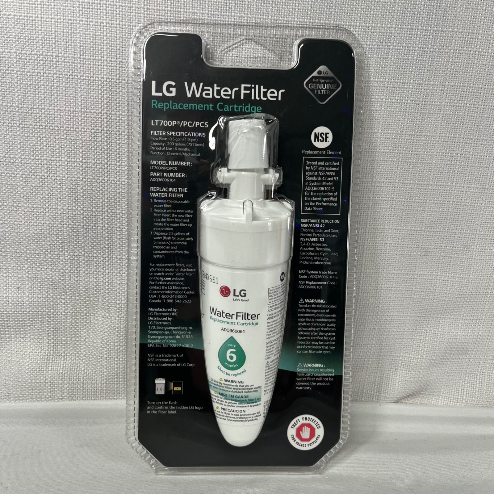 LG LT700P Refrigerator Water Filter ADQ36006104 Replacement Cartridge Genuine
