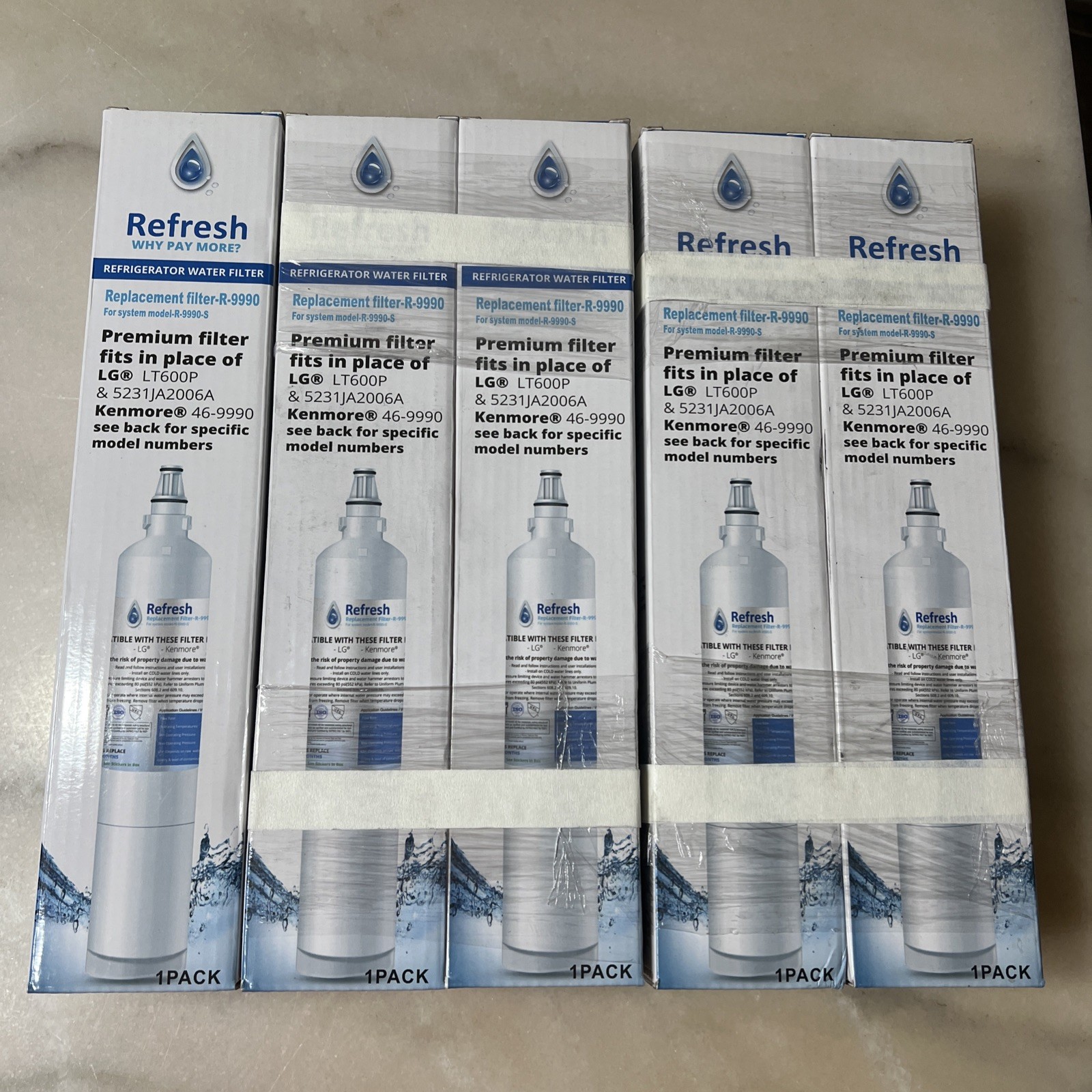 (5)REFRESH R-9990 Water Filter 2-Pack Fits LG LT600P & 5231JA2006A Refrigerators