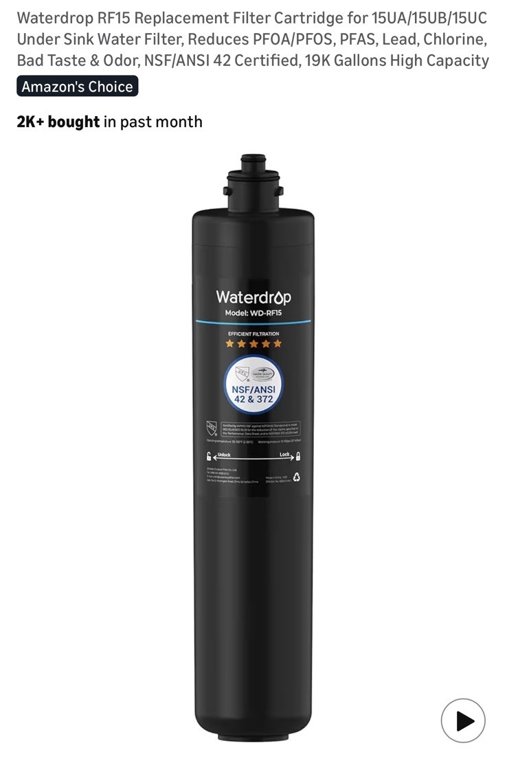 Waterdrop RF15 Replacement Filter Cartridge For 15UA, 15UB, 15UC For Under Sink