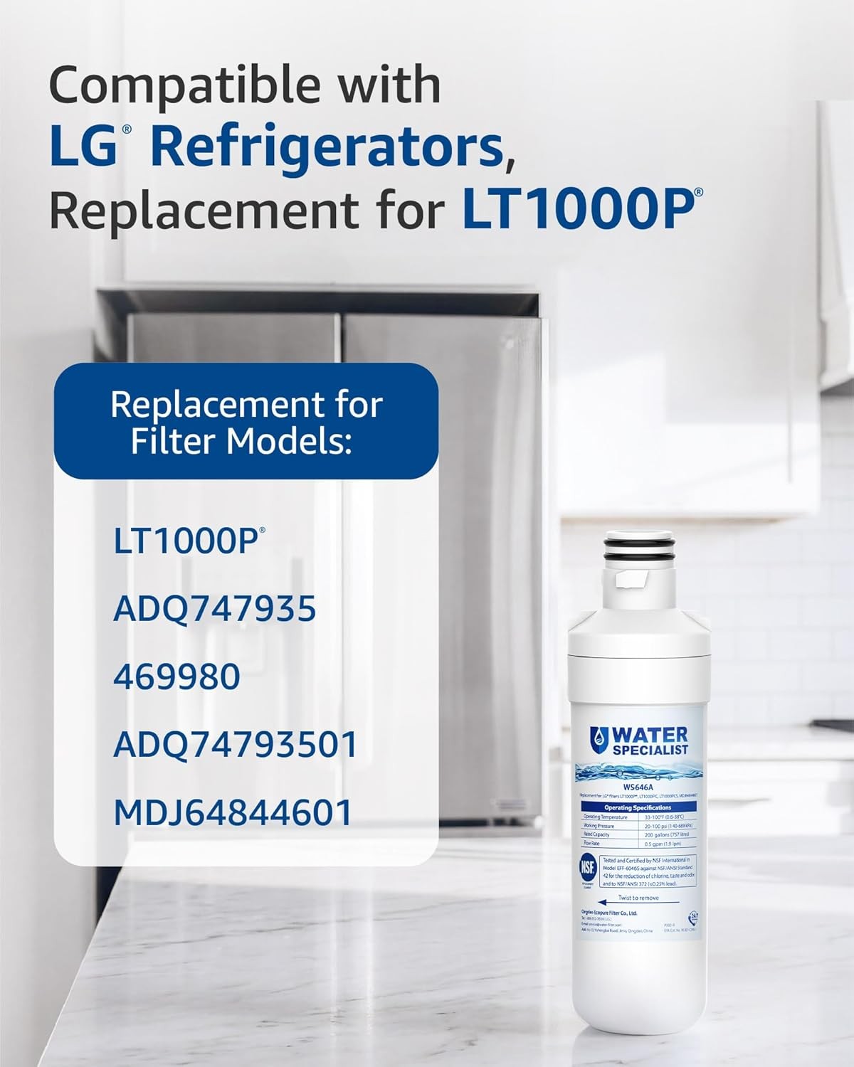 Waterspecialist Refrigerator Water Filter Replacement for LG® LT1000P®, 3 Combo