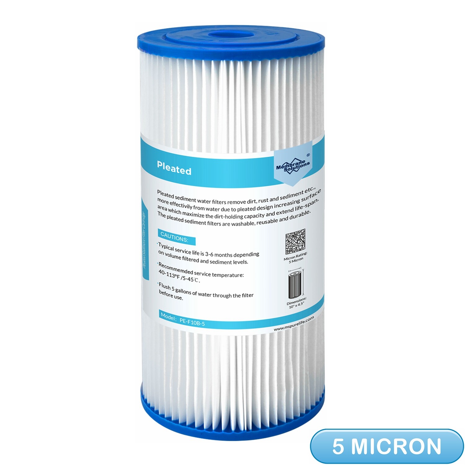 5 Micron 10″x4.5″ Big Blue Whole House Pleated Sediment Water Filter Replacement