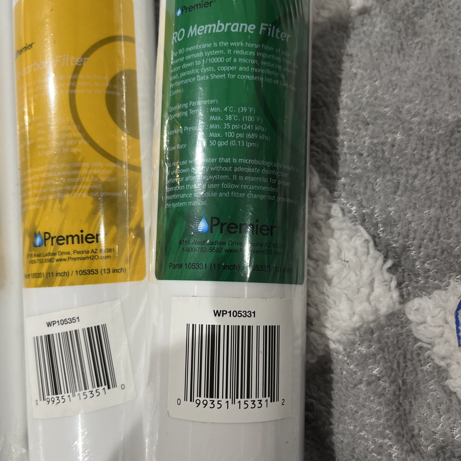 RO Water Replacement Cartridge 2 Yellow 1 Blue 1 Green Push Button, Sealed.