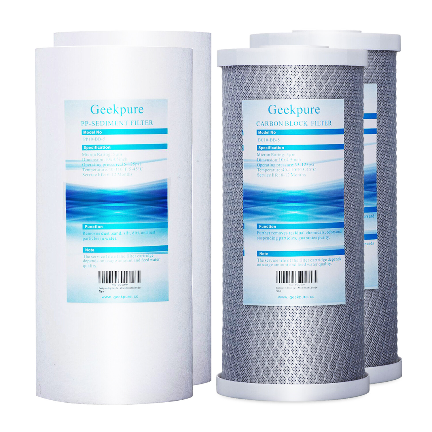 Geekpure Whole House PP Carbon Block Replacement Filters 5 Mic 4.5 x 10 Pack 4