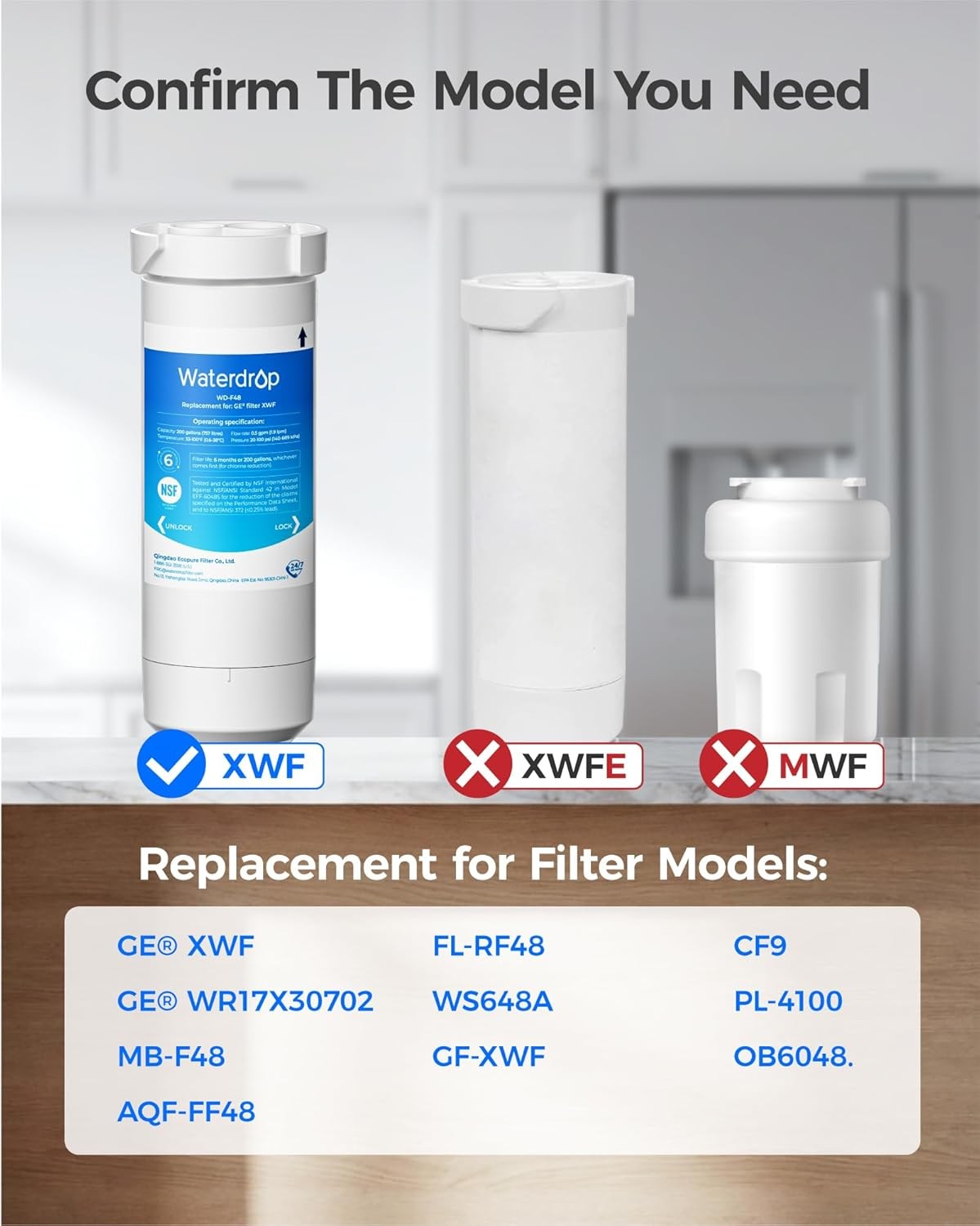 Waterdrop XWF NSF Certified Refrigerator Water Filter,Replacement for GE®,2 pack