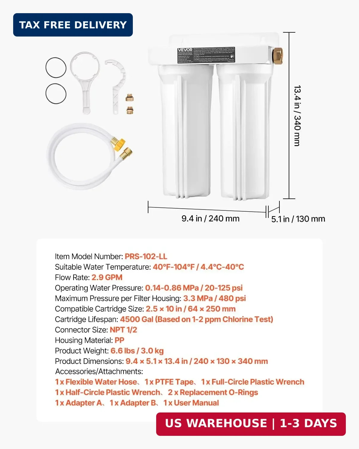 VEVOR RV Water Filter, 2-Cartridge 2.5 x 10 in Water Filter System for RV, Remov