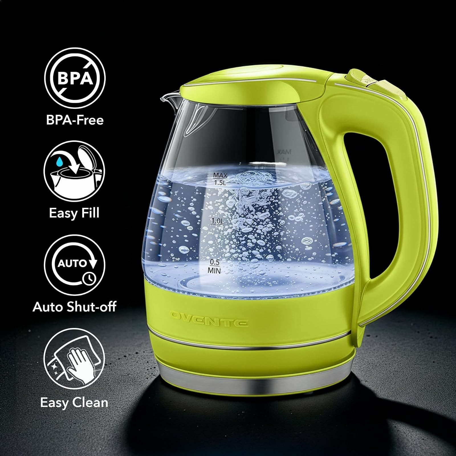 OVENTE 1.5L Glass Electric Kettle, Fast Boiling, BPA-Free, Auto Shut-Off