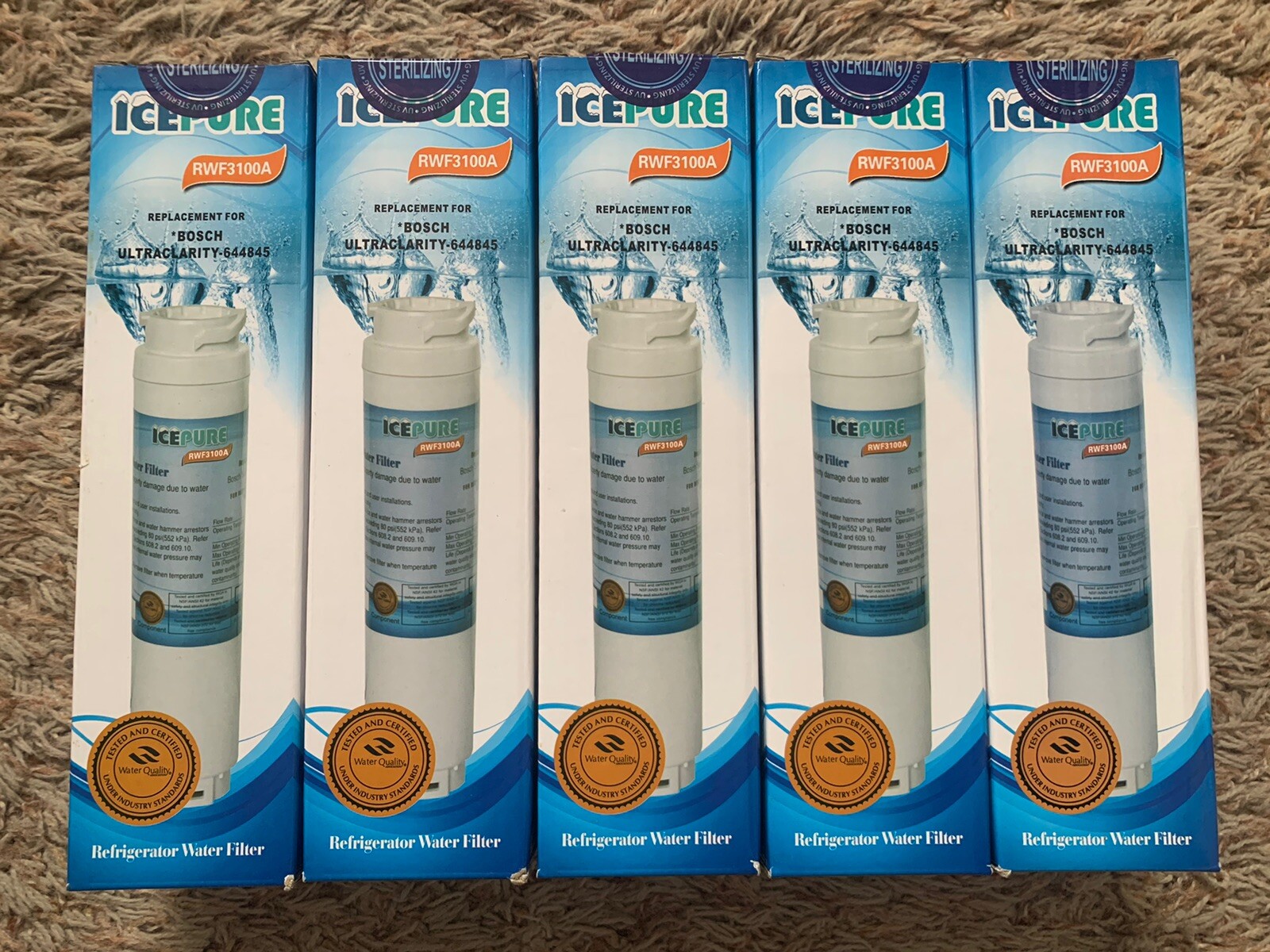 LOT of (5) ICEPURE REFRIGERATOR WATER FILTERS! RWF3100A Replacement for BOSCH