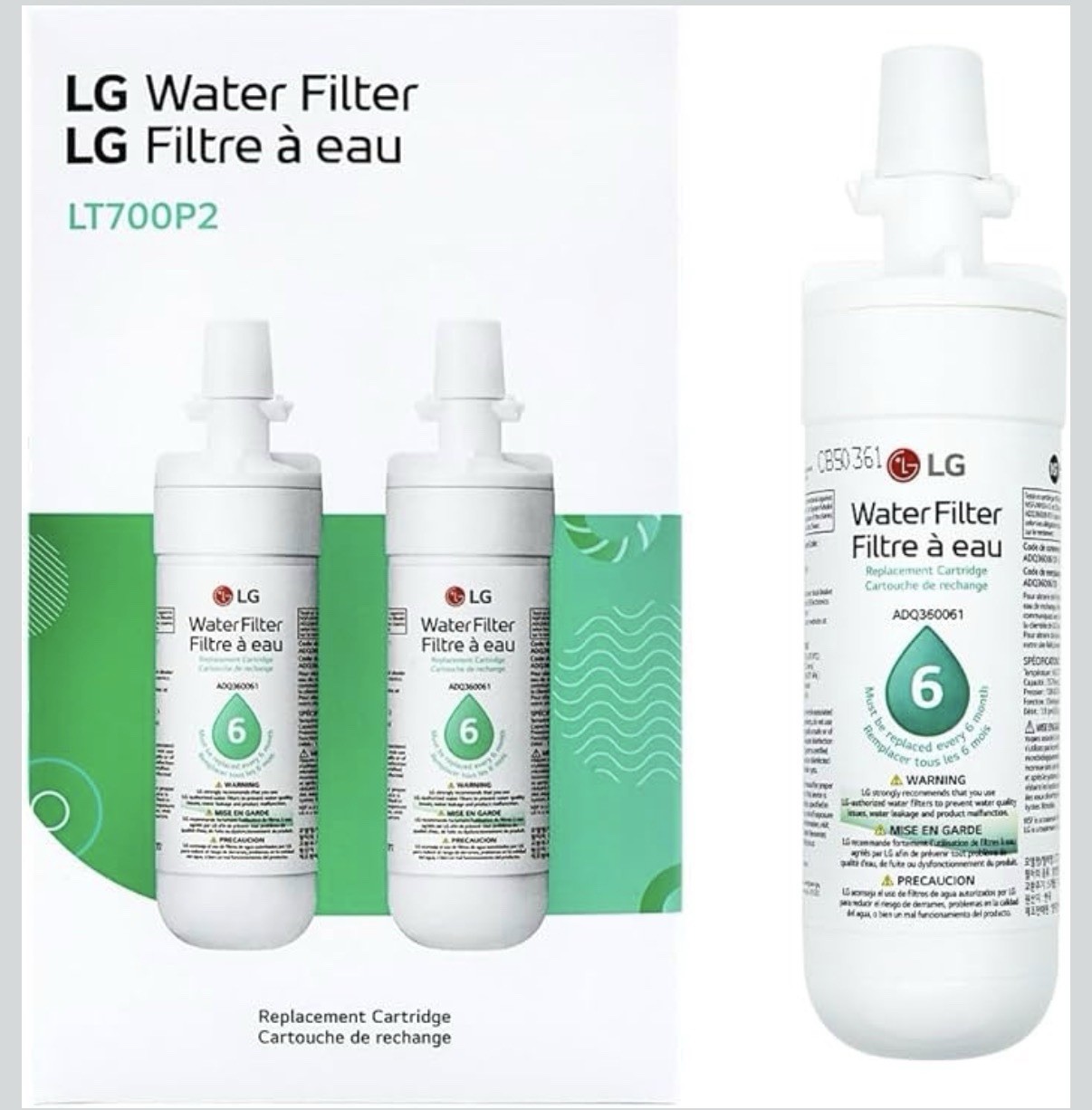 Lg Lt700p2 6-month / 200 Gallon Refrigerator Replacement Water Filter, 2 Count