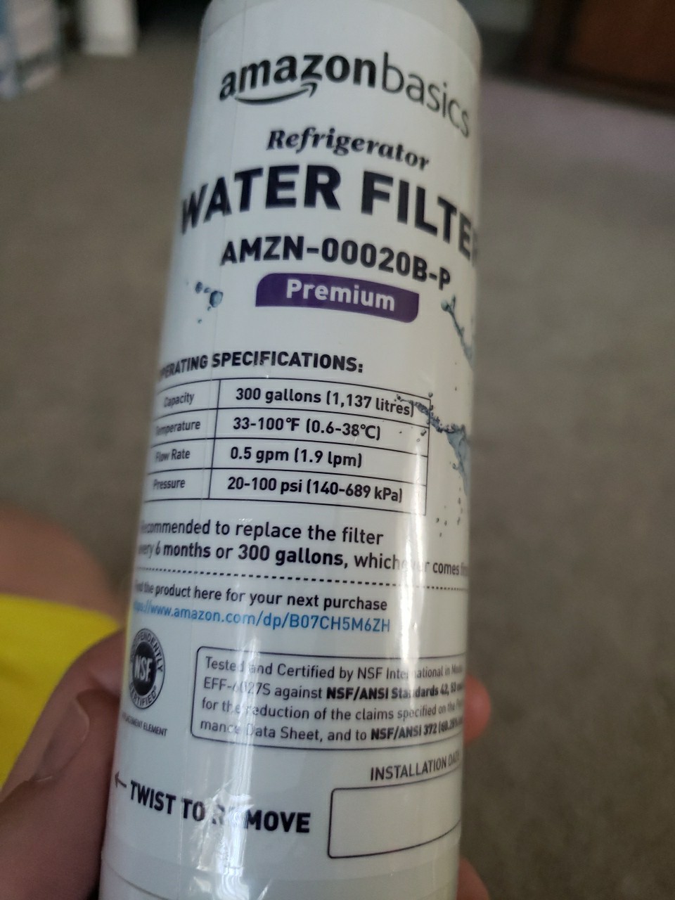 Amazon Basics Refrigerator Water Filter AMZN-00020B-P Premium 6 Months Sealed
