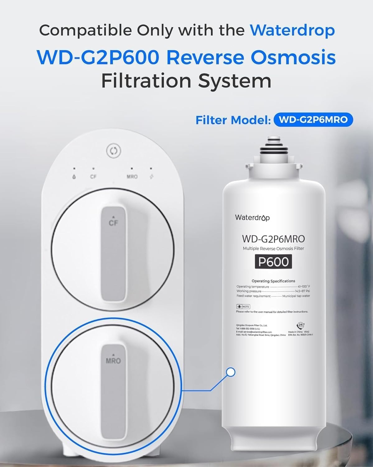 Waterdrop WD-G2P600-W Replacement Filter, Pack of 1 WD-G2CF and 1 WD-G2P6MRO