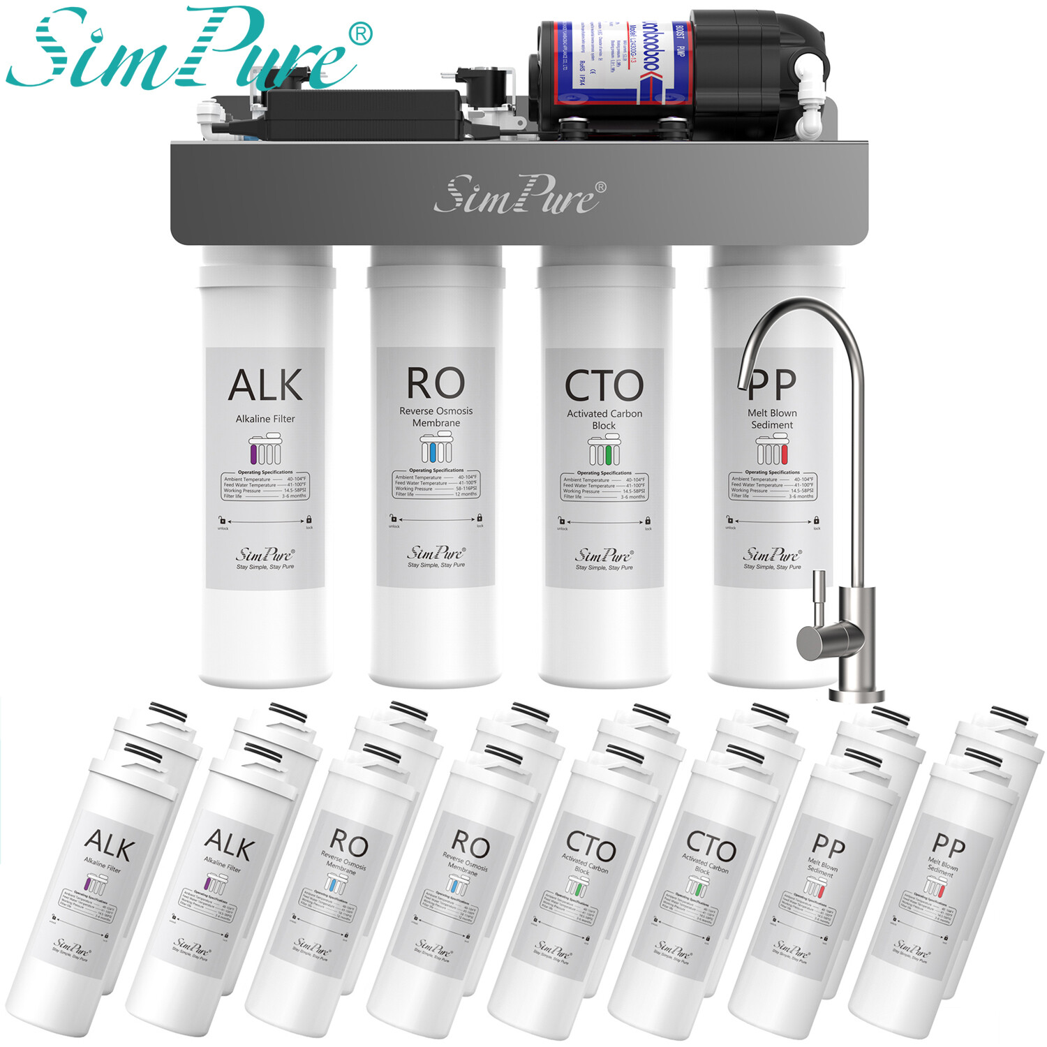 SimPure 400GPD UV Alkaline pH+ 8Stage Tankless Reverse Osmosis System Under Sink