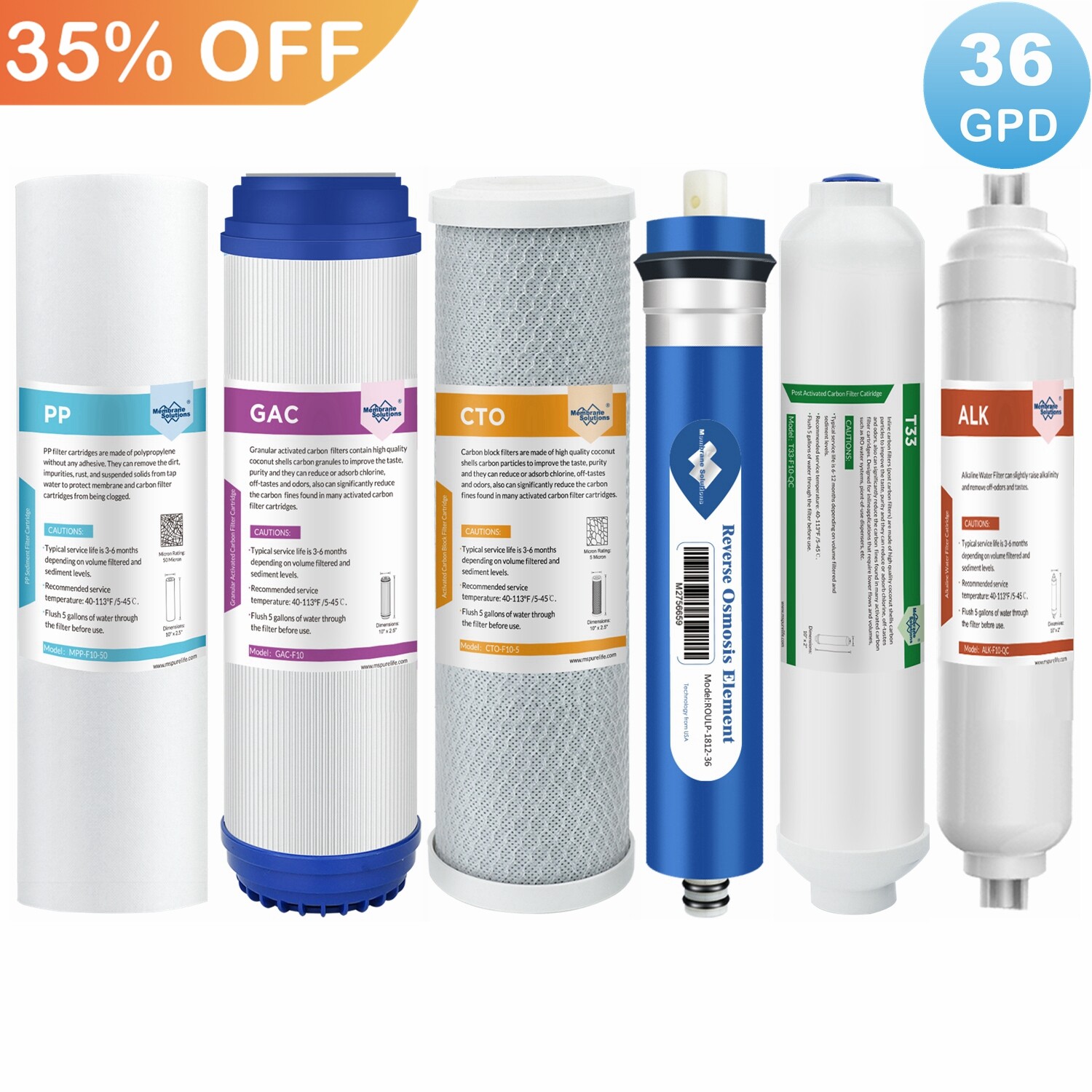 6 Stage pH Alkaline Reverse Osmosis Sediment Water Filter Replacement Set 6 Pack