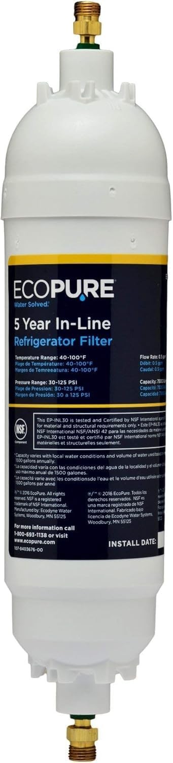 Ecopure 5 Year In Line Refrigerator Water Filter Compatible With Most Brands