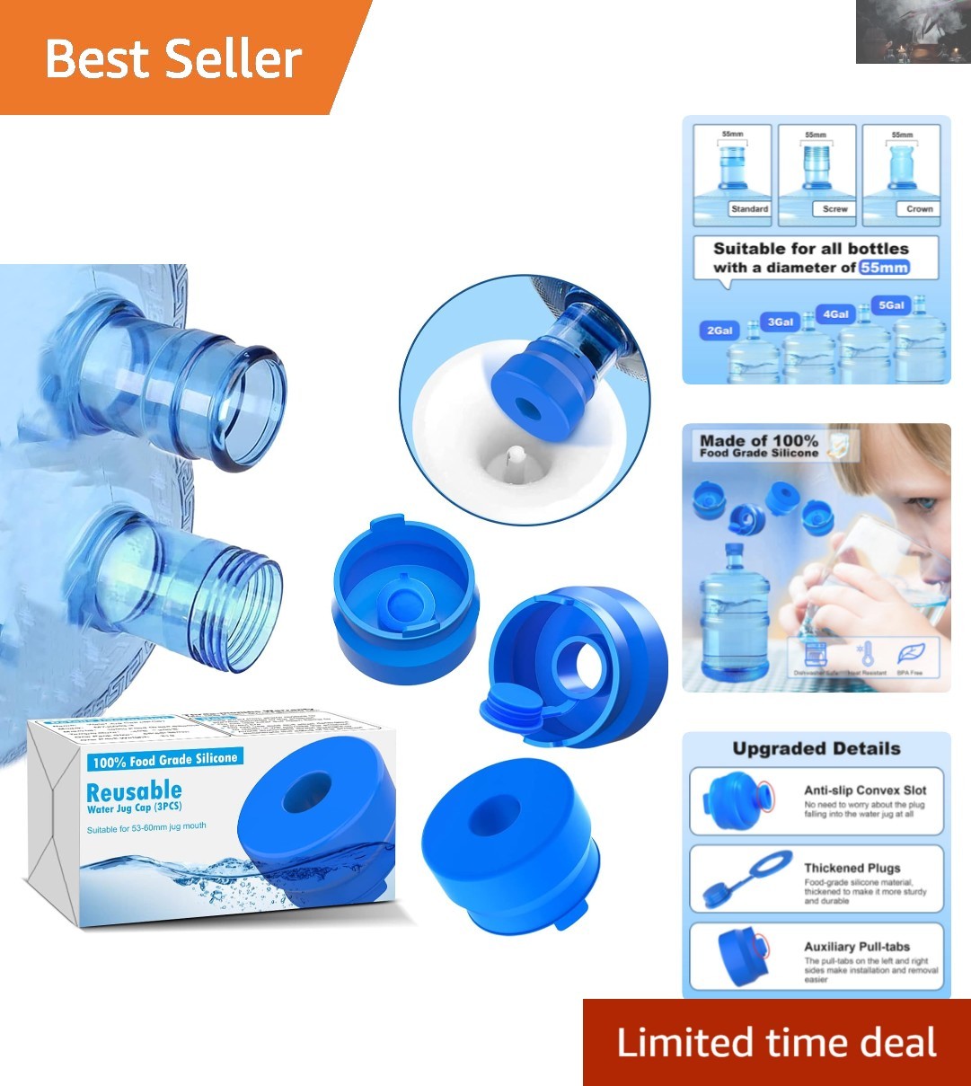 Reusable Food-Grade Silicone Water Jug Caps – 3 Pack for Standard Jugs