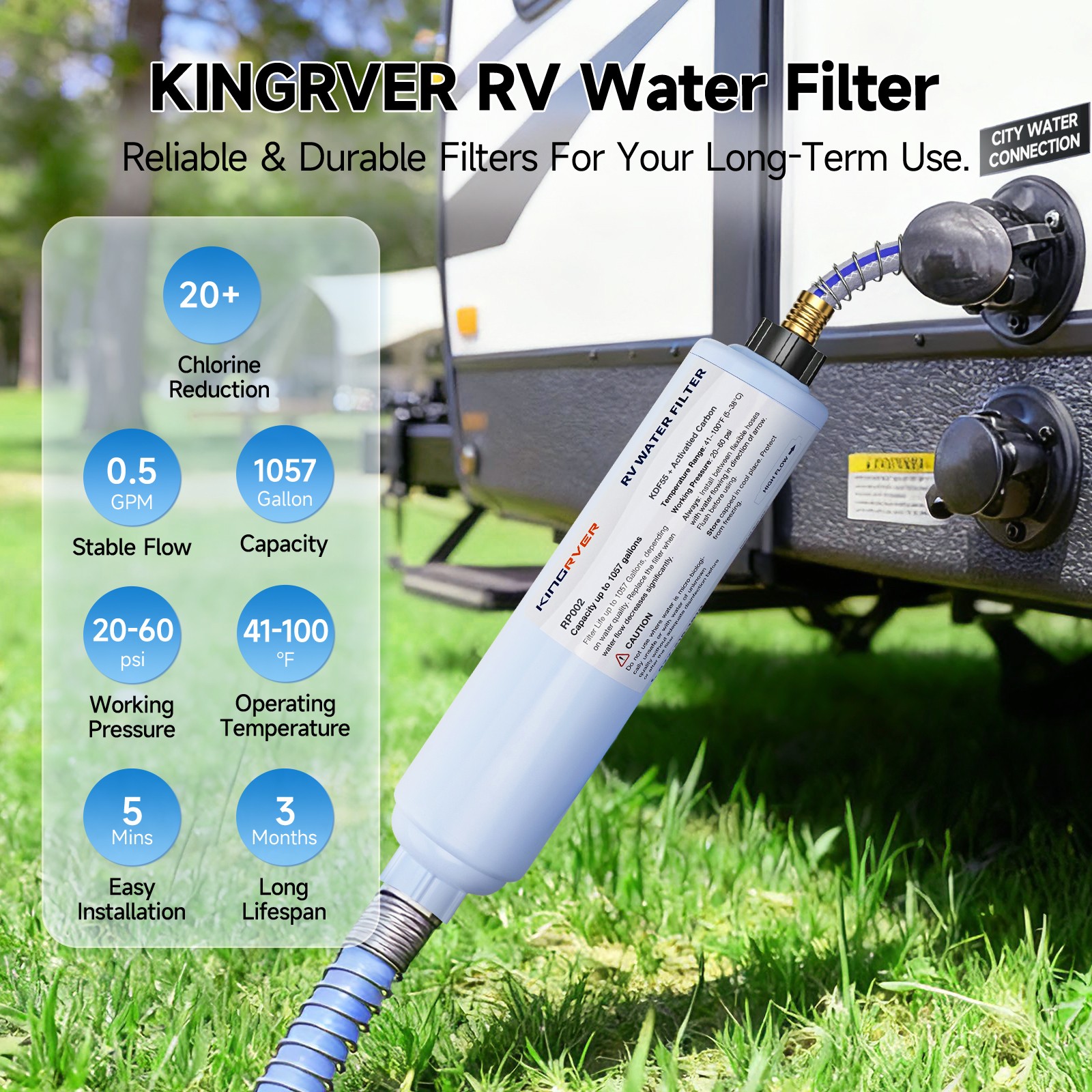 1 Pack Inline Water Filter with Hose Protector for 3/4″ Garden Hose, RV, Camper