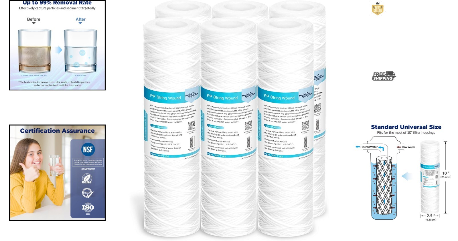 6-Pack 10″x2.5″ 5 Micron String Wound Water Filters for Whole House Filtration