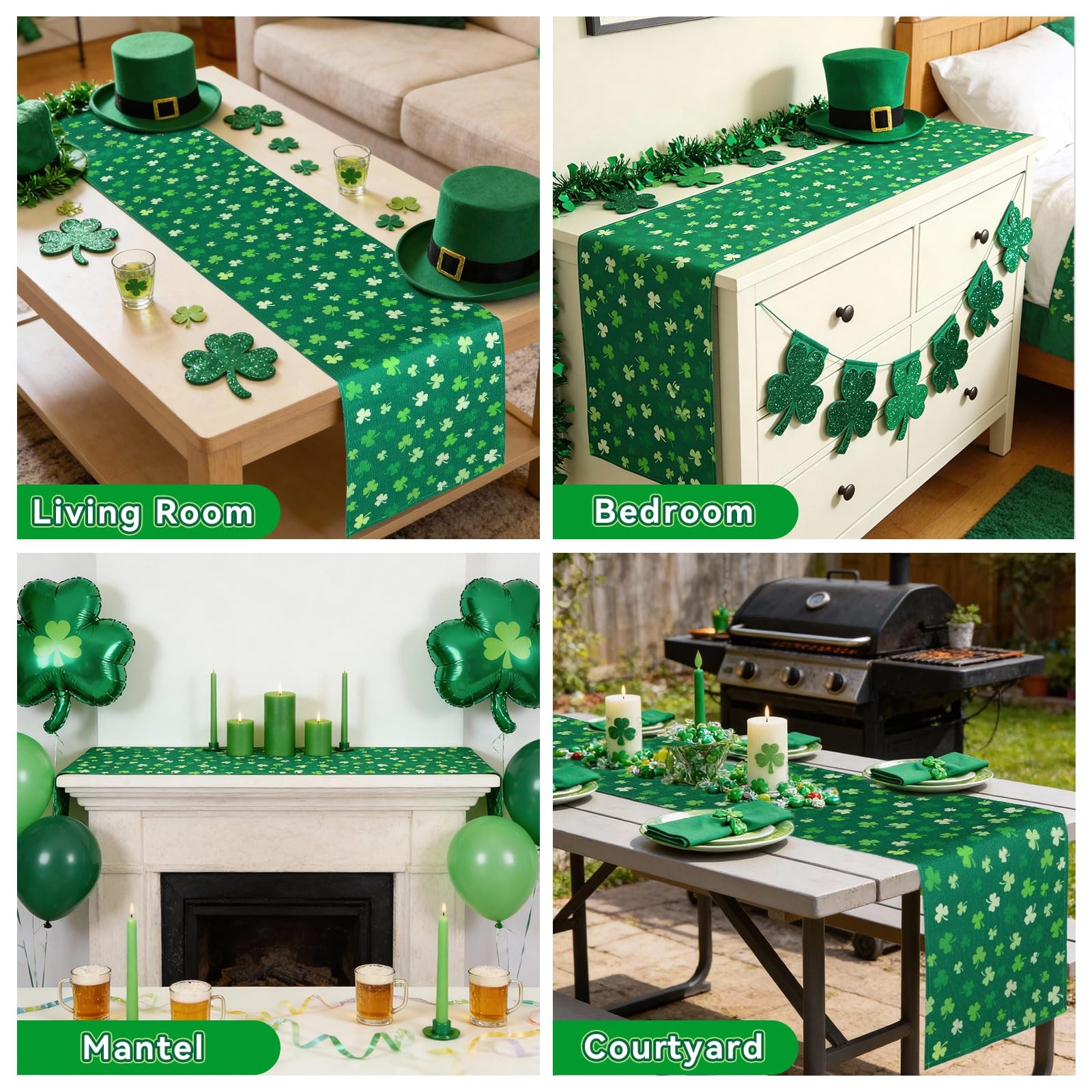 St. Patrick’s Day Shamrock Table Runner, 13 x 72 Inches 13 x 72 inches, Green