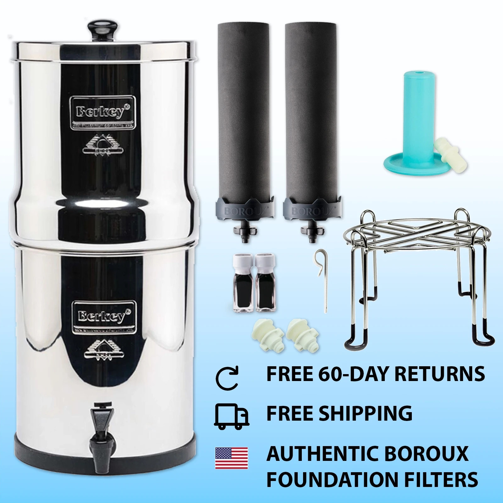 Berkey Water Filter System with 2 Boroux Foundation Black Filters and Stand