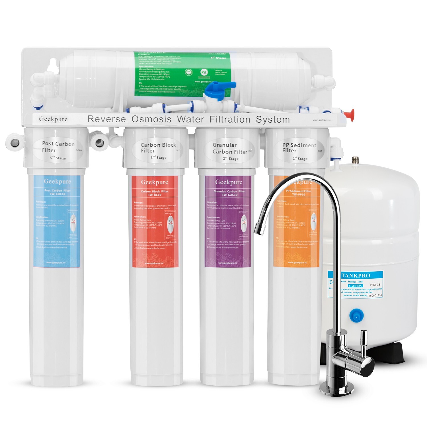 Geekpure 5 Stage Reverse Osmosis Filter System with Quick Change Filter 75 GPD