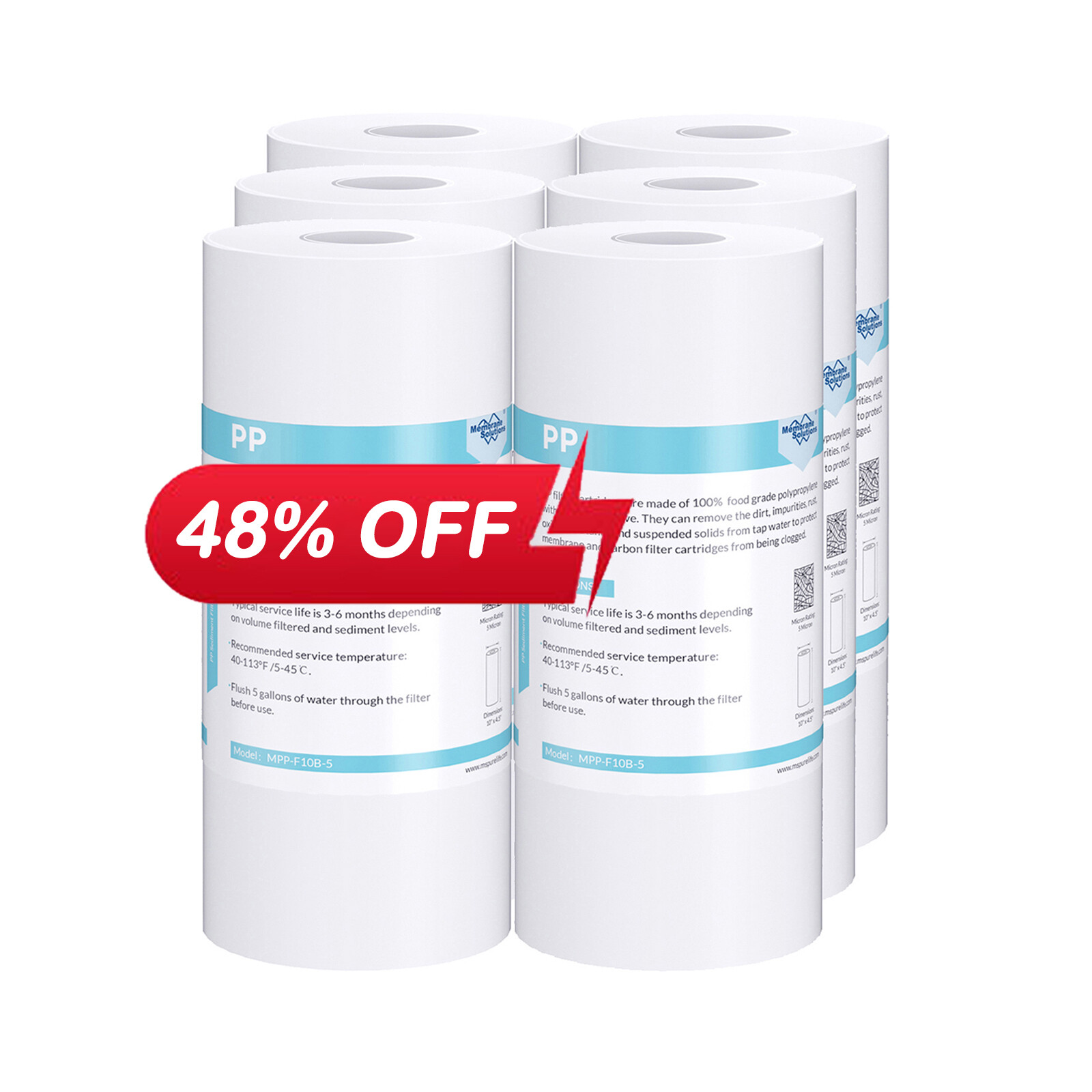 1-6 Pack 10″x4.5″ 5μm Sediment Water Filter for Big Blue Whole House Well Farm