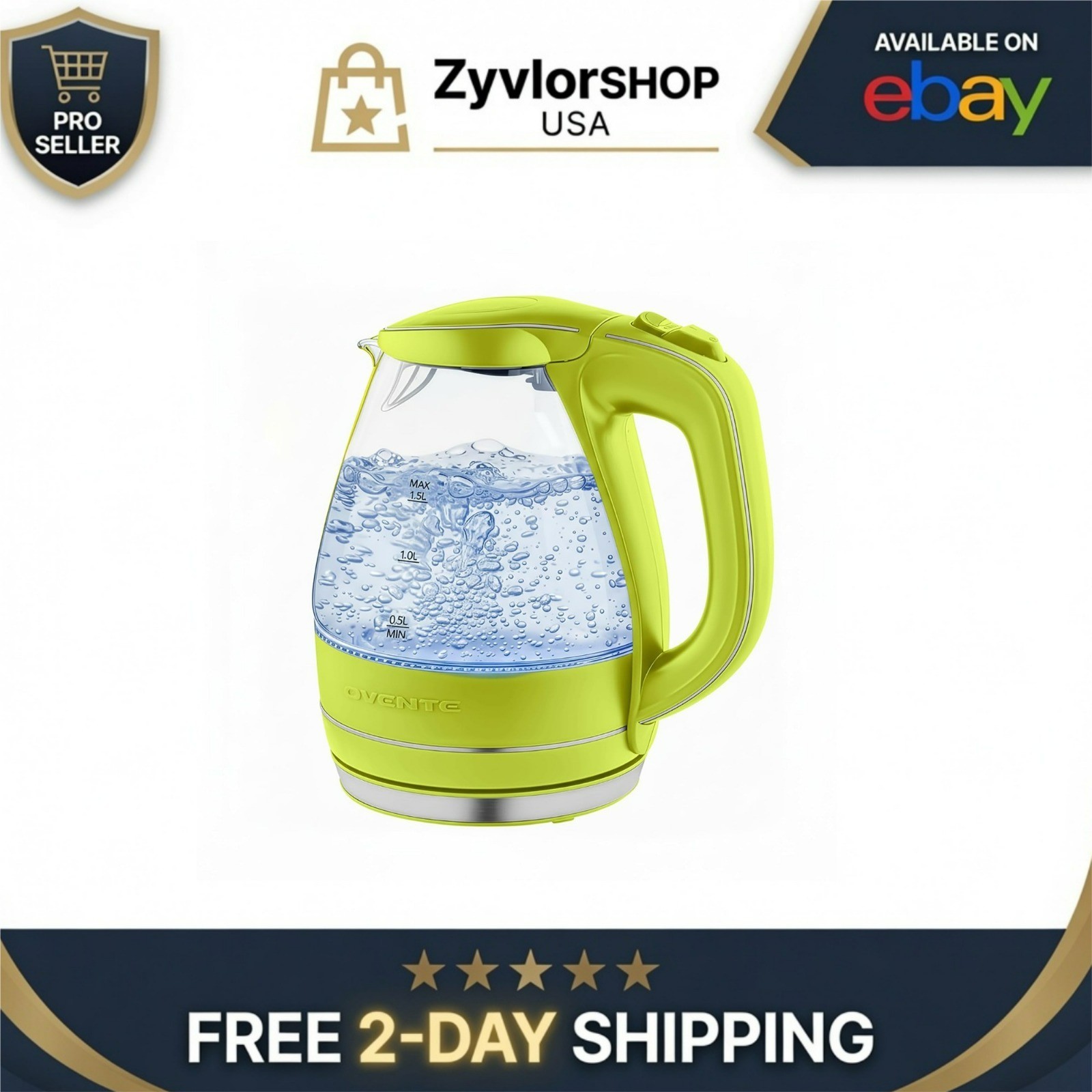 OVENTE 1.5L Glass Electric Kettle, Fast Boiling, BPA-Free, Auto Shut-Off