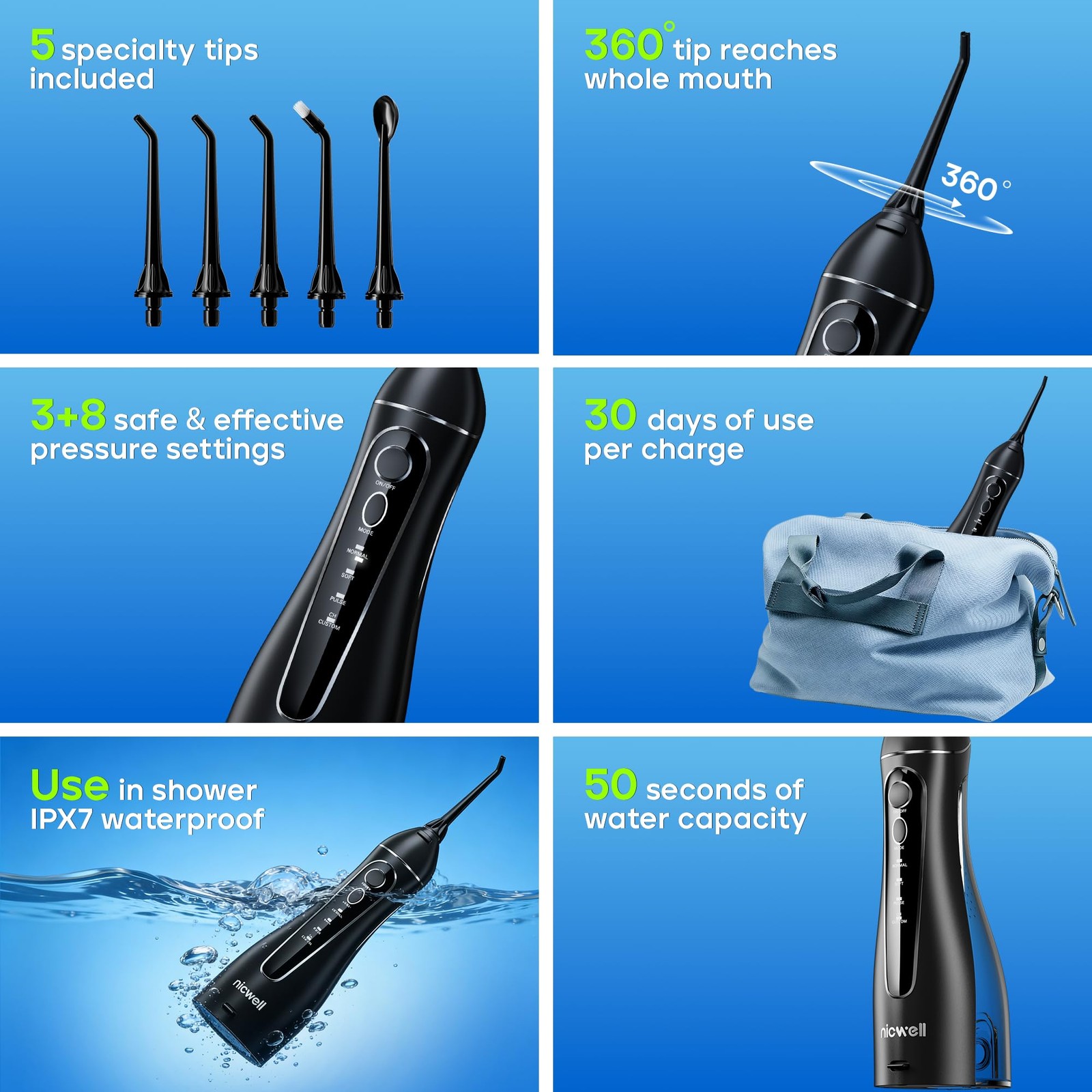 Nicwell Water Dental Flosser for Teeth – 4 Modes & 1 Count (Pack of 1), Black