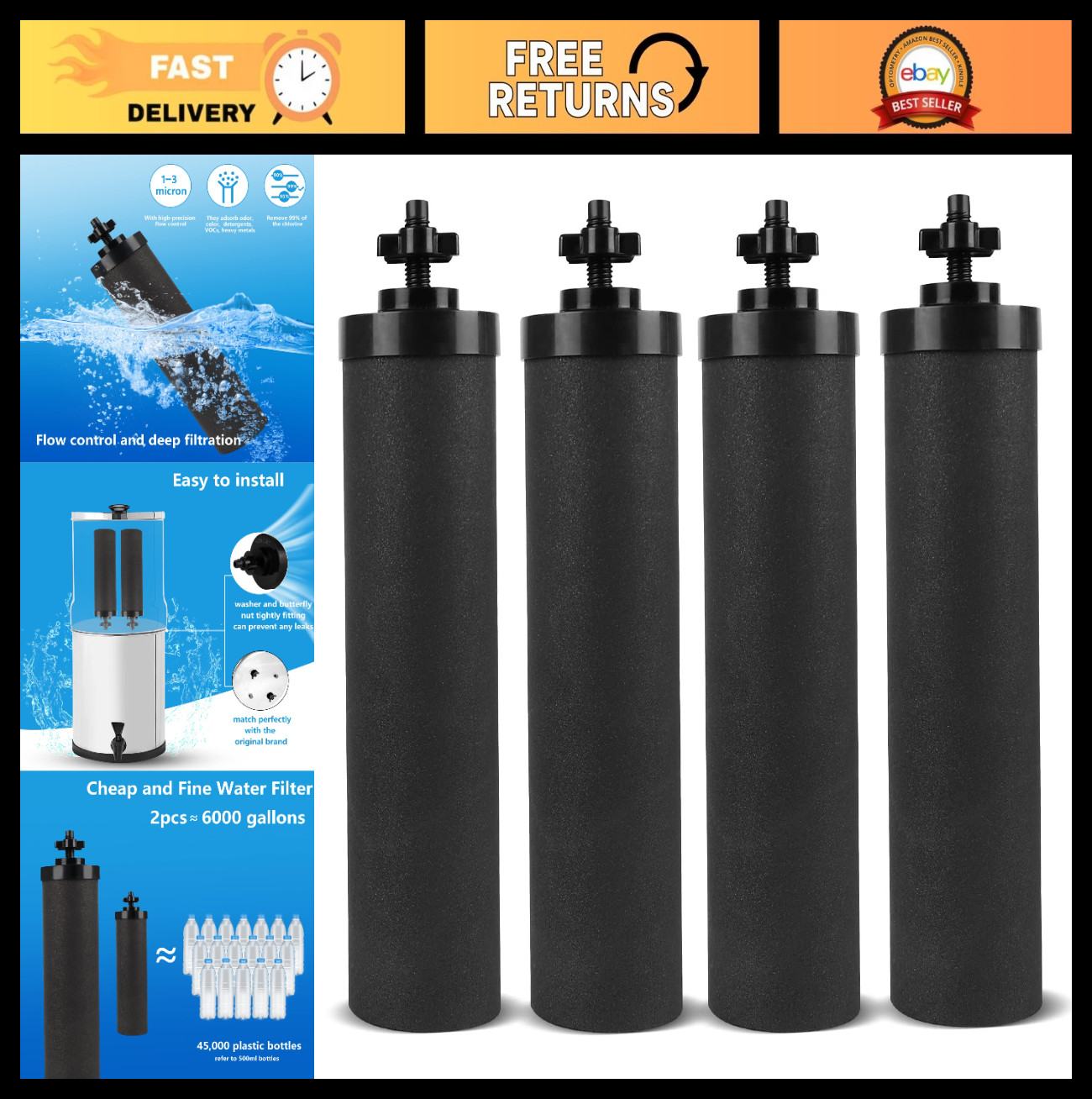 Water Filter Replacement Silver Infused Black Carbon Block Filters – Pack of 4,