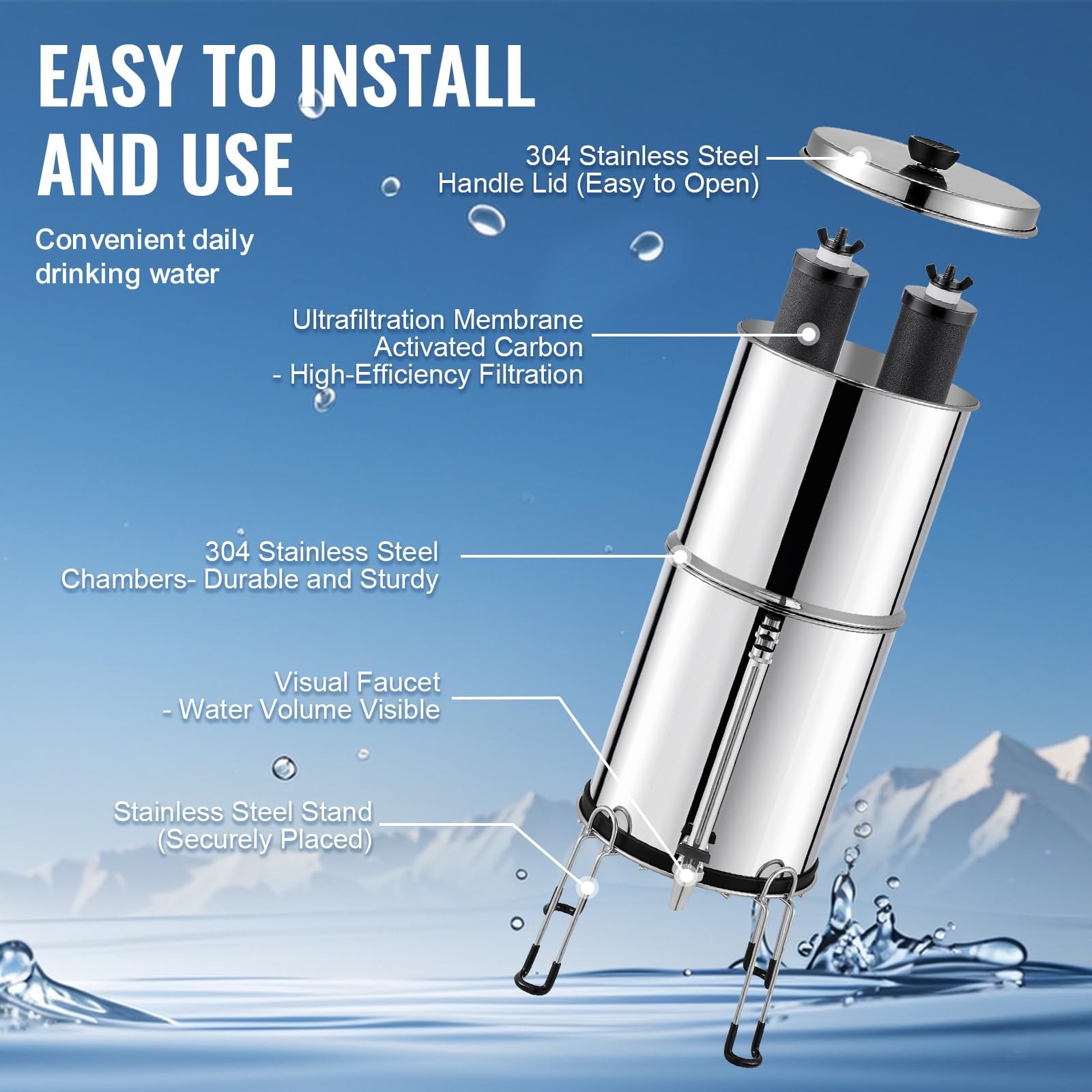 Gravity Water Filter System 2.25 Gallon Stainless Steel Countertop Filtration 2
