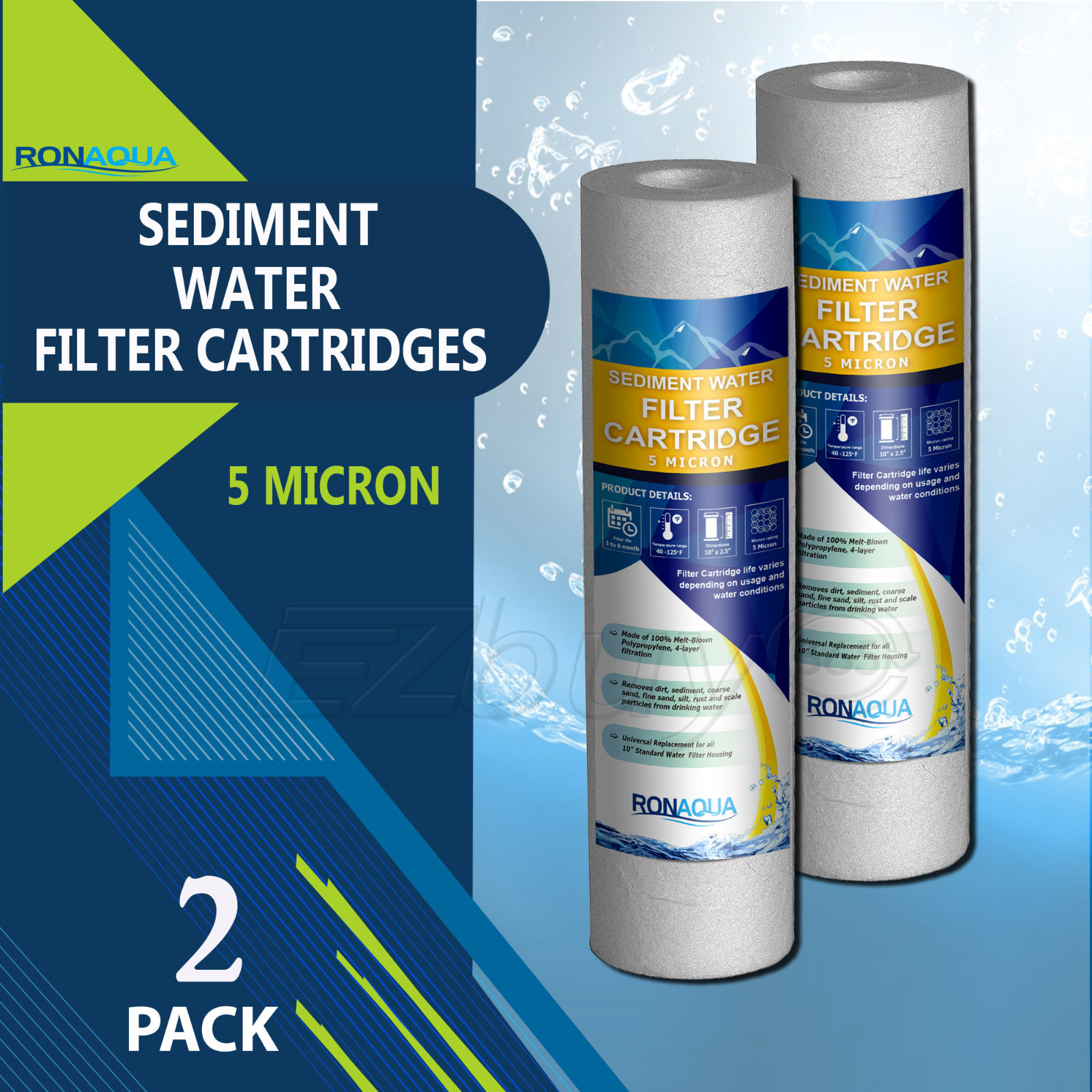 2 Pack Sediment 5 Micron Water Filter Cartridges 2.5″ x 10″ for Reverse Osmosis