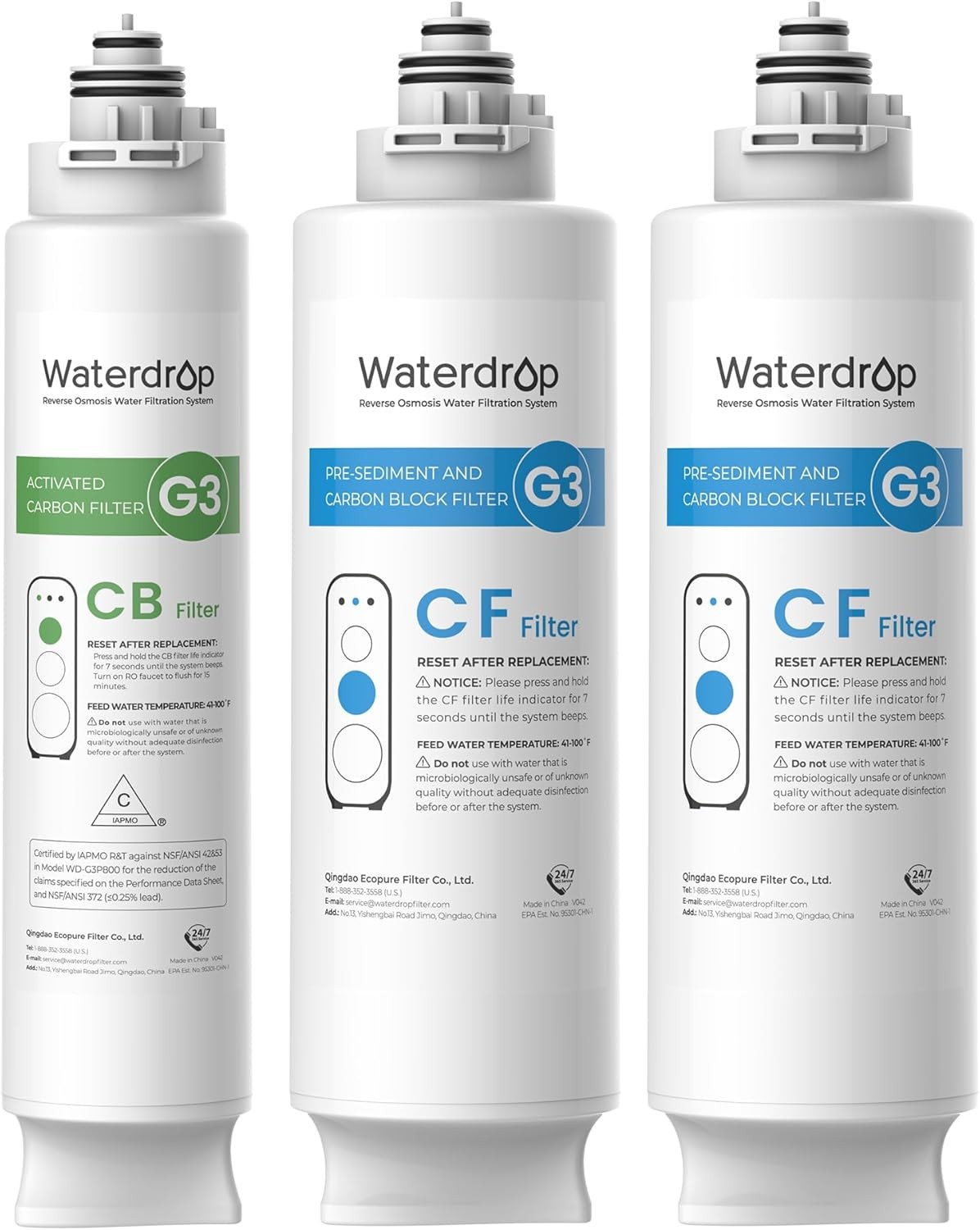 Replacement RO Water Filter 1 Year Combo Pack 2 CF & 1 CB Cartridge WD-G3 NSF