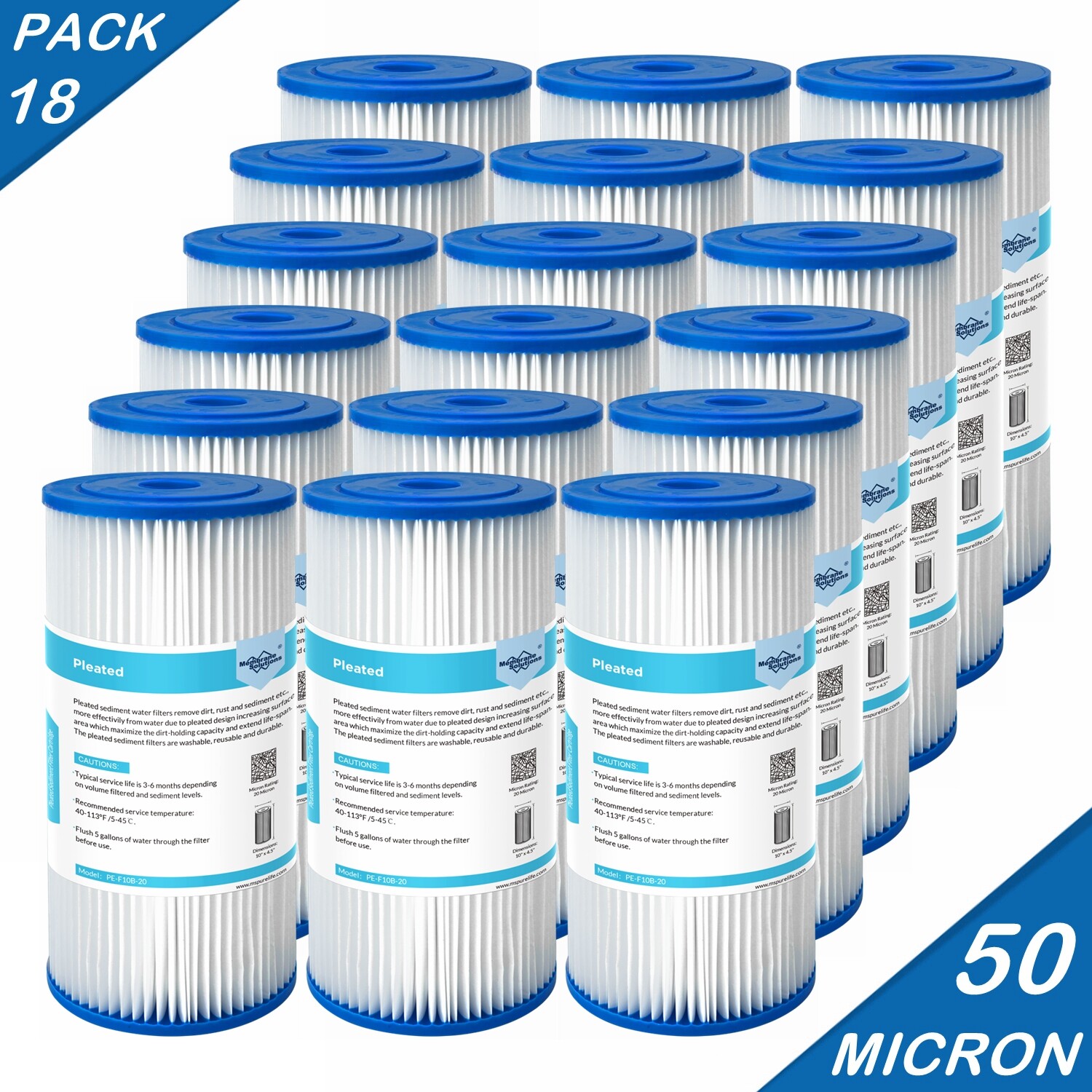 18-Pack 10″ x 4.5″ Washable Pleated Sediment Water Filter for Big Blue 50-Micron
