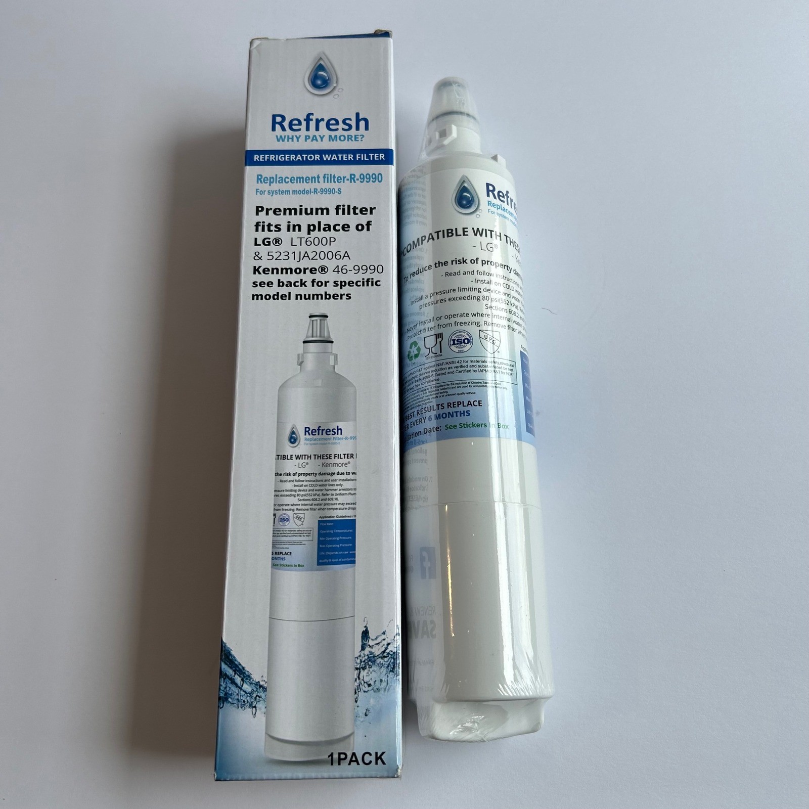 Refresh Refrigerator Water Filter R-9990 LG LT600P Kenmore 46-9990 White New 1PK