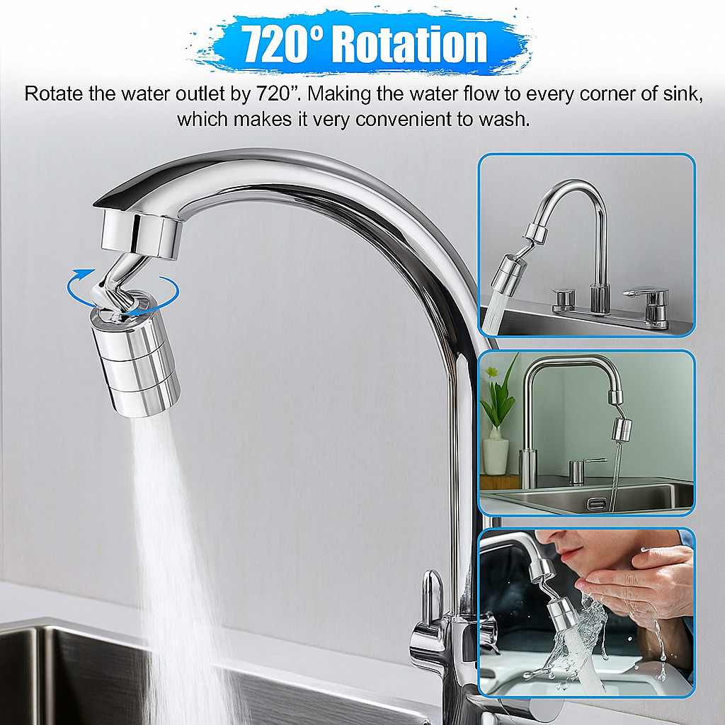 2 X 720º Splash Proof Shower Faucet Flexible Kitchen and Bathroom Nozzle Filter