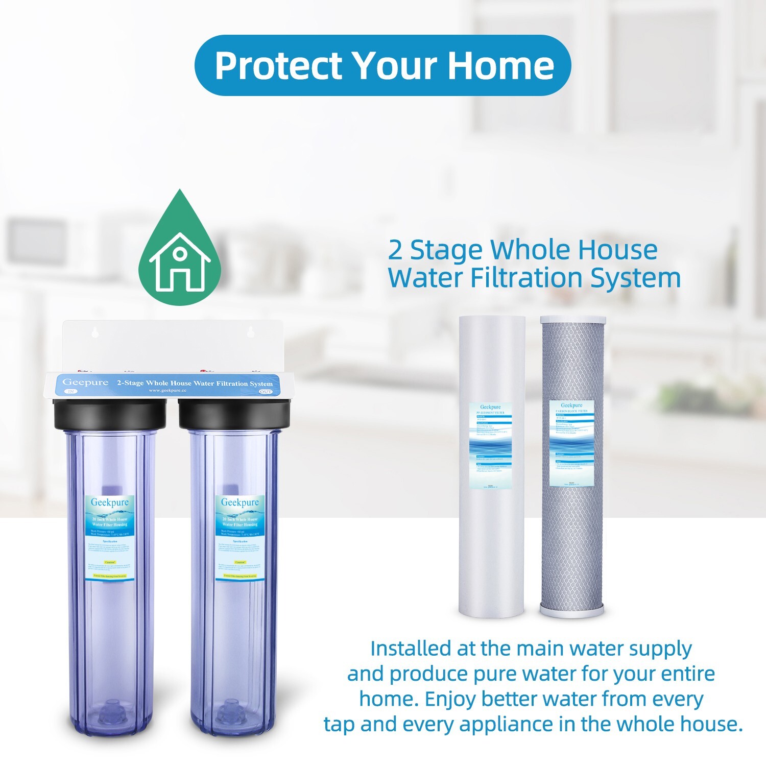 2 Stage 20″ Clear Housing For Whole House Water Filter System 1″-PP Carbon block