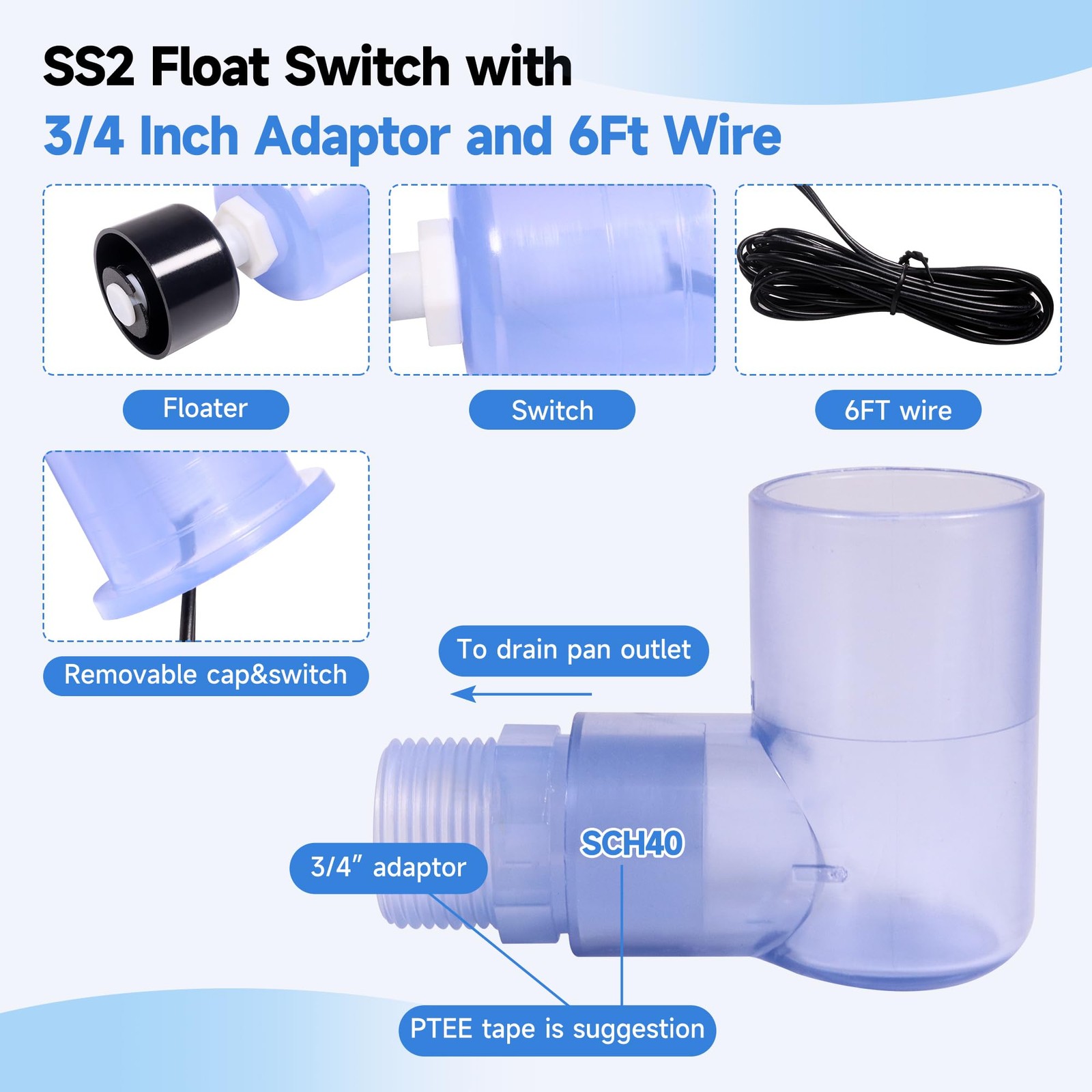 SS2 Float Switch L-Shape 2 PCS with 3/4 Inch Adaptor 6Ft Wire Water