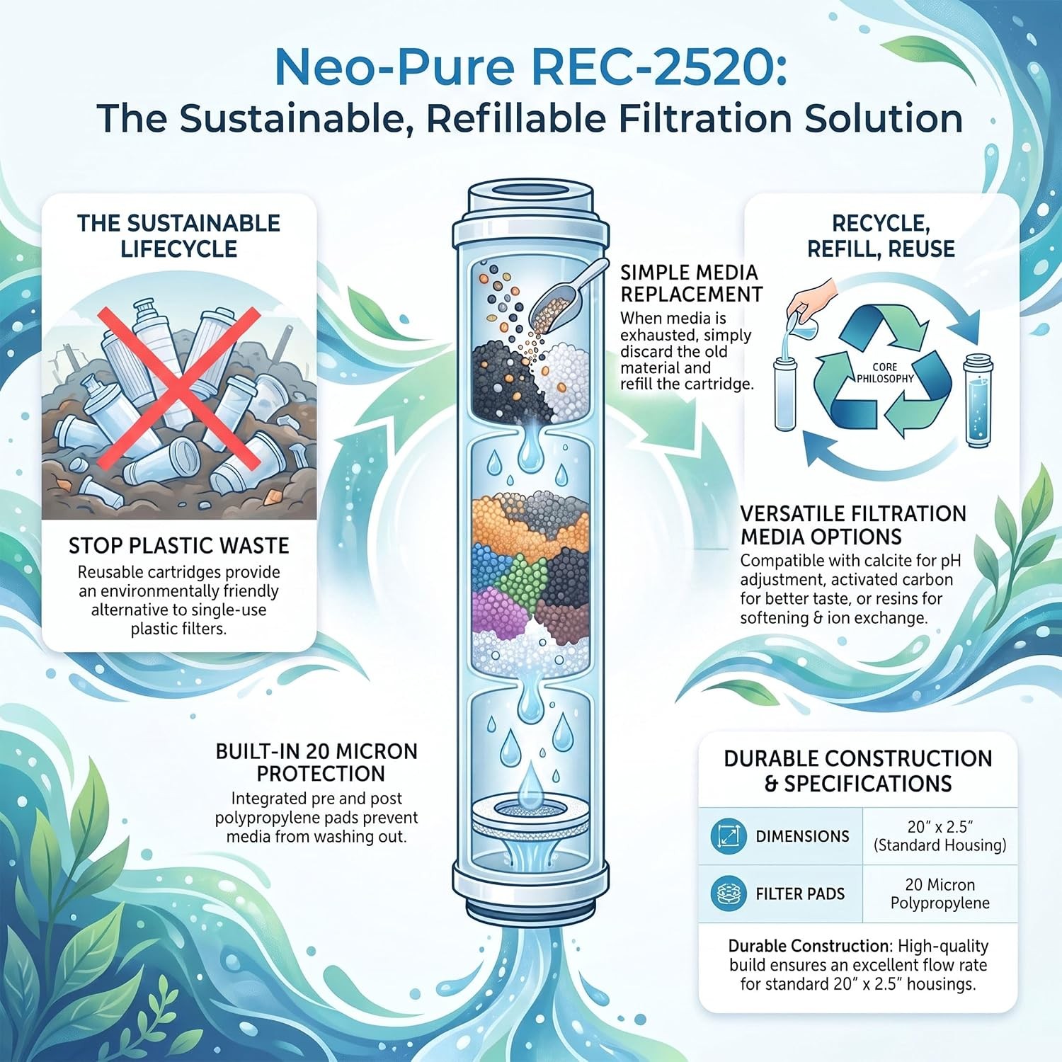 Neo-Pure White Empty Water Filter Cartridge 2.5 x 20 Universal