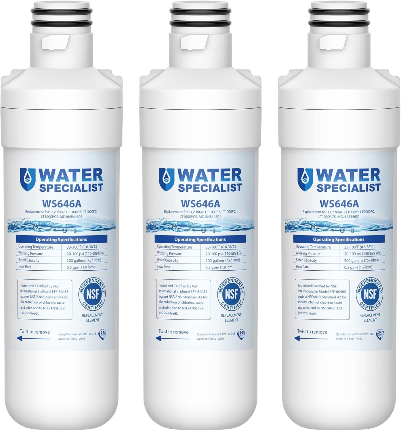 Waterspecialist NSF Certified Refrigerator Water Filter, for LG LT1000P (3 Pcs)