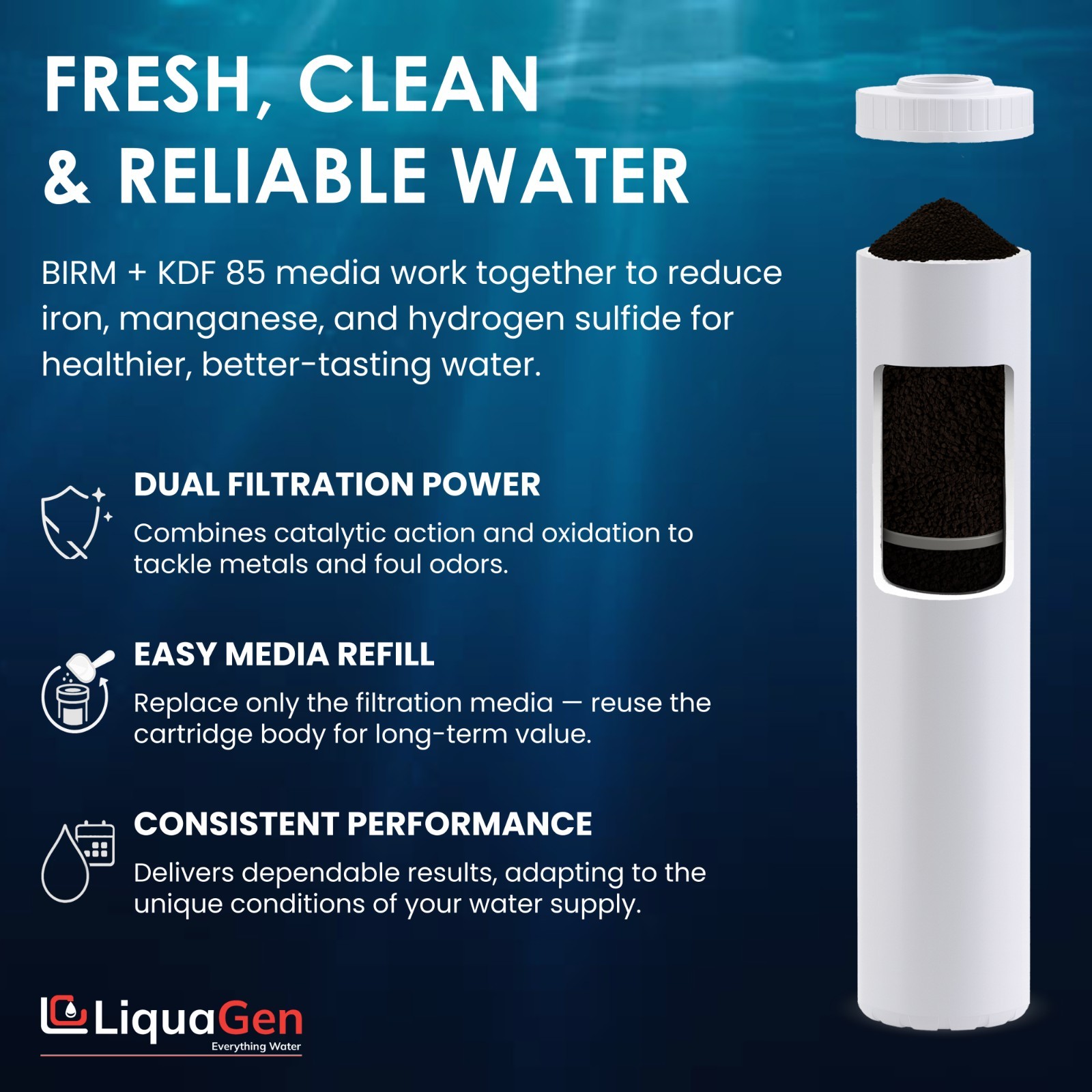 LiquaGen 4.5″ x 20″ BIRM + KDF- 85 Filter Cartridge – Iron, Manganese & Sulfur