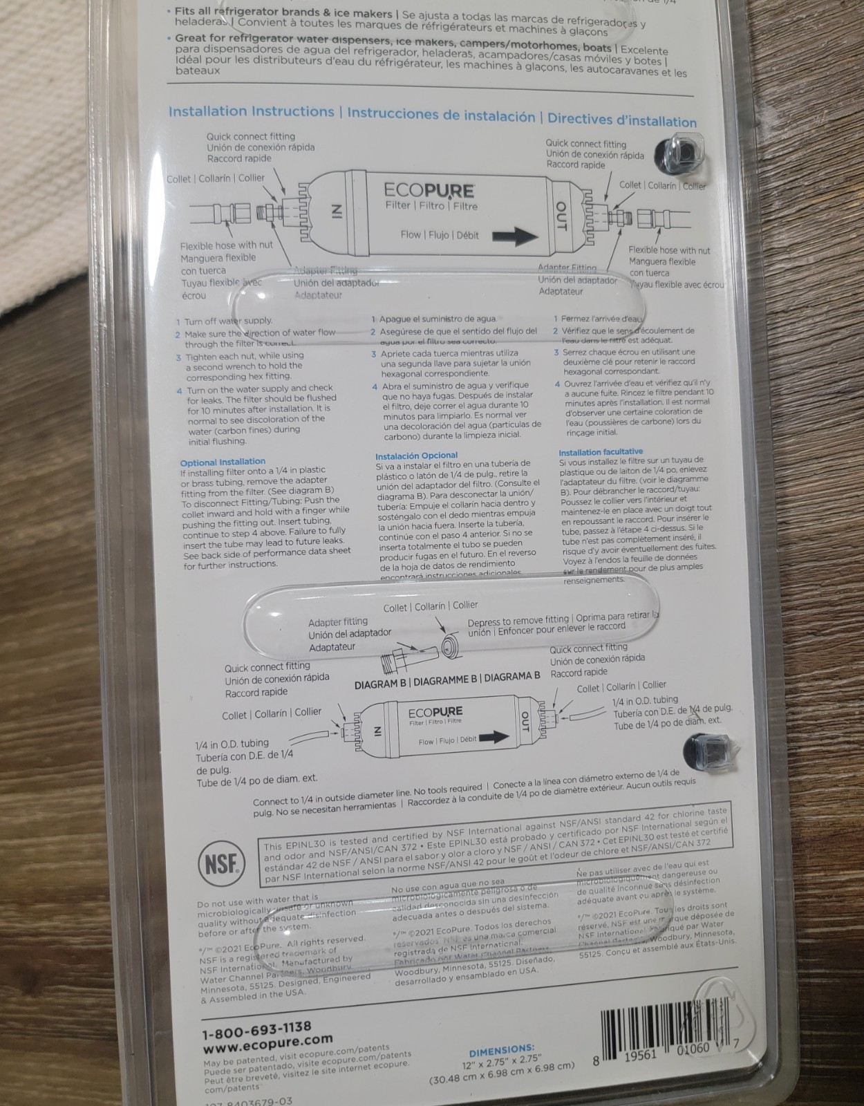 EcoPure EPINL30 5 Year in-Line Refrigerator Filter