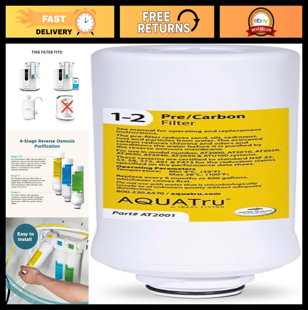 Pre/Carbon Filter Stages 1-2 for AquaTru Classic & Under Sink Purifiers