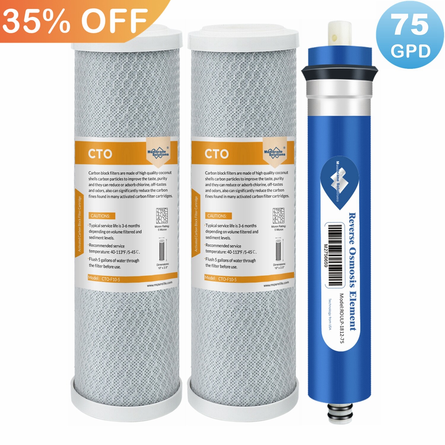 75 GPD RO Membrane Carbon Water Filter Cartridges Set for GE FX12P FX12M GXRM10G