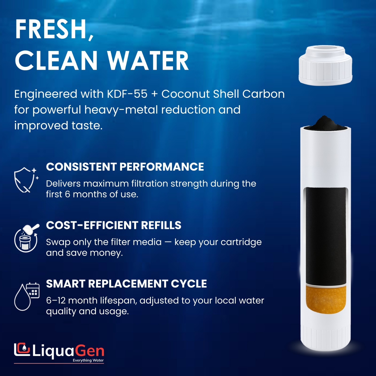 LiquaGen 2.5″x10″ Coconut Shell Carbon + KDF-55 Filter – Chlorine & Heavy Metals
