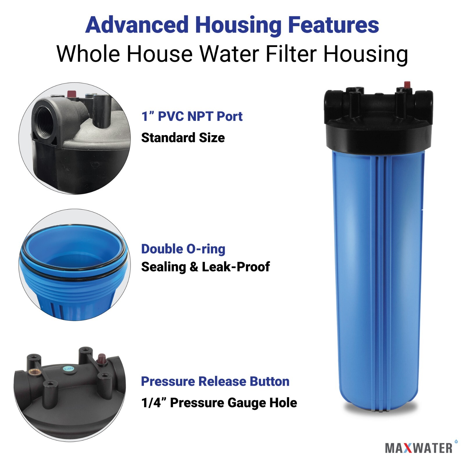 20″ Big Blue Whole House Water System Filter Housing +Pressure Gauge Hole