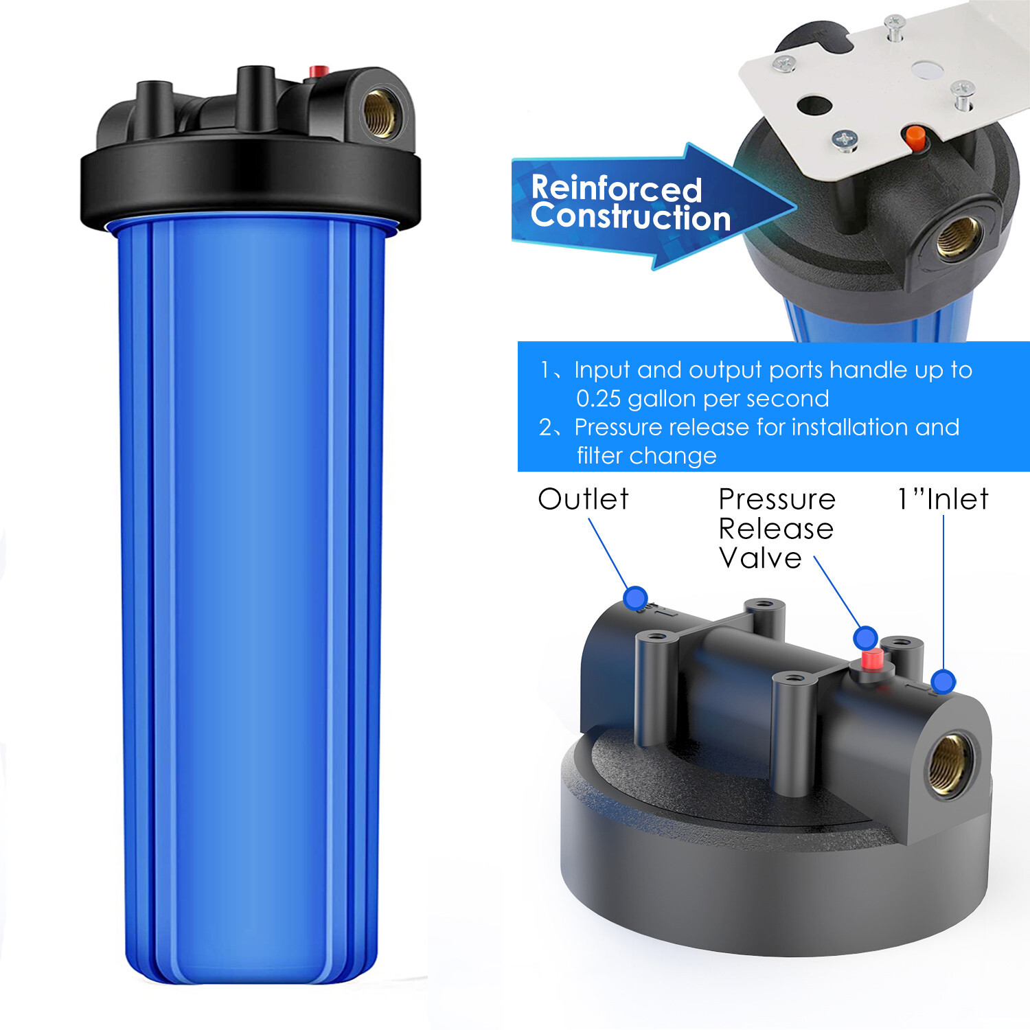 20″ x 4.5″ Big Blue Whole House Water Filter Housing Filtration System Cartridge