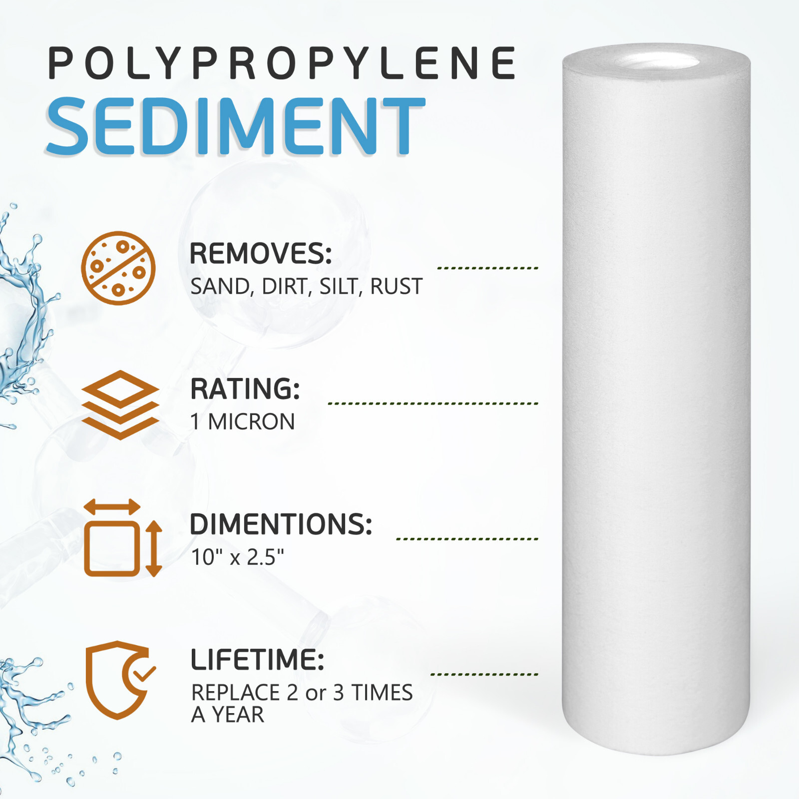 6 Pack Sediment 1 Micron Water Filter Cartridges 2.5″ x 10″ for Reverse Osmosis